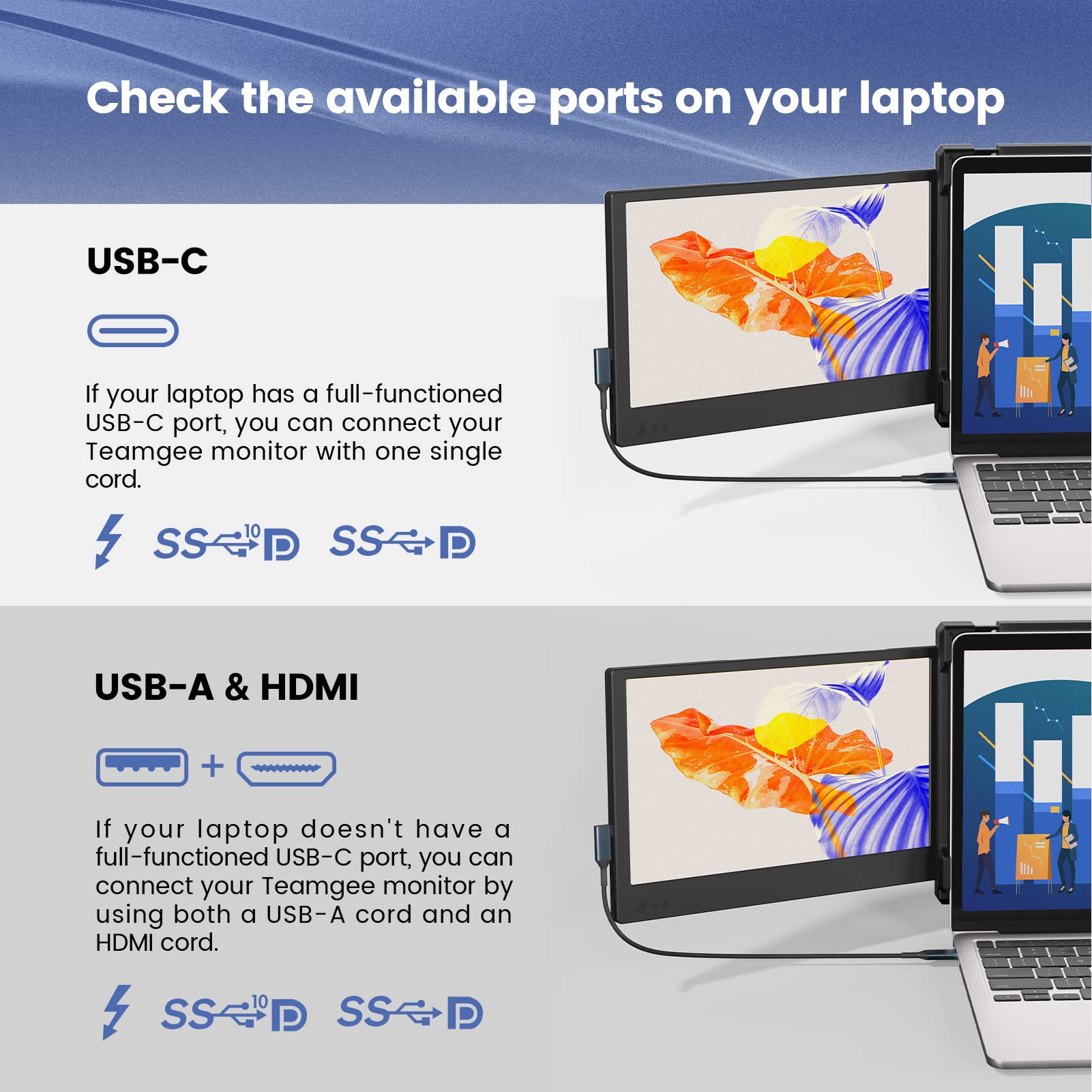 Teamgee Laptop Screen Extender, 12    Portable Monitor For Laptop Fhd 1080P Glare Free Ips Dual Screen, Works With Mac Windows A