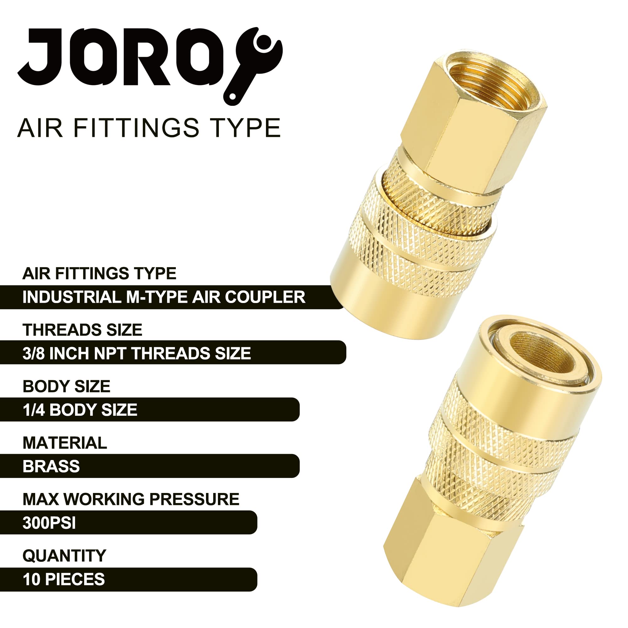 Joroy Brass Air Coupler, 1/4 Inch Body Size, 3/8 Inch Npt Female Threads Size, Industrial M Type, 10 Pieces Air Compressor Hose