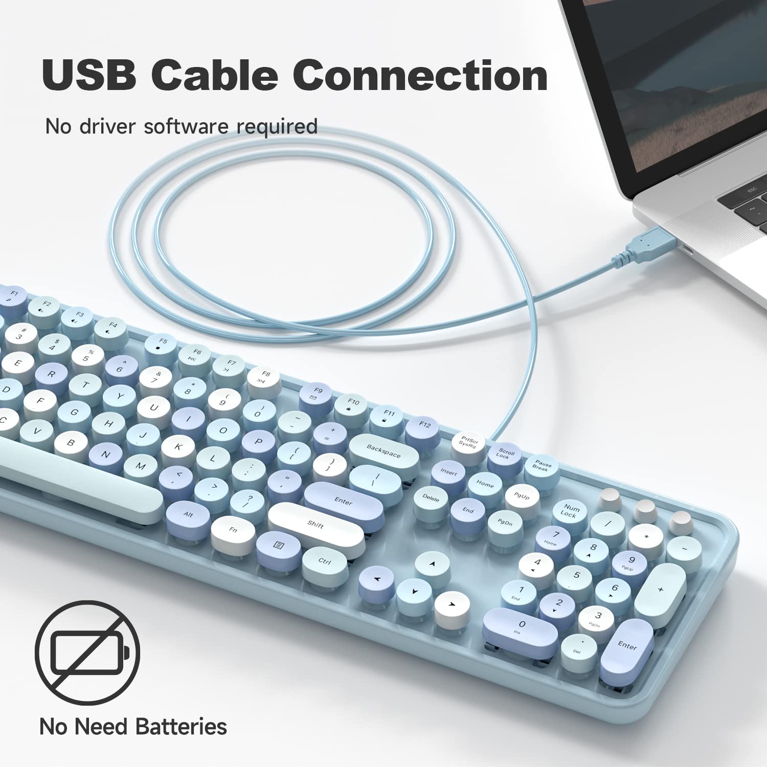 Mowux Computer Keyboard Wired, Plug Play Usb Retro Round Typewriter Keyboard, Full Size Wired Keyboard With Foldable Stands For