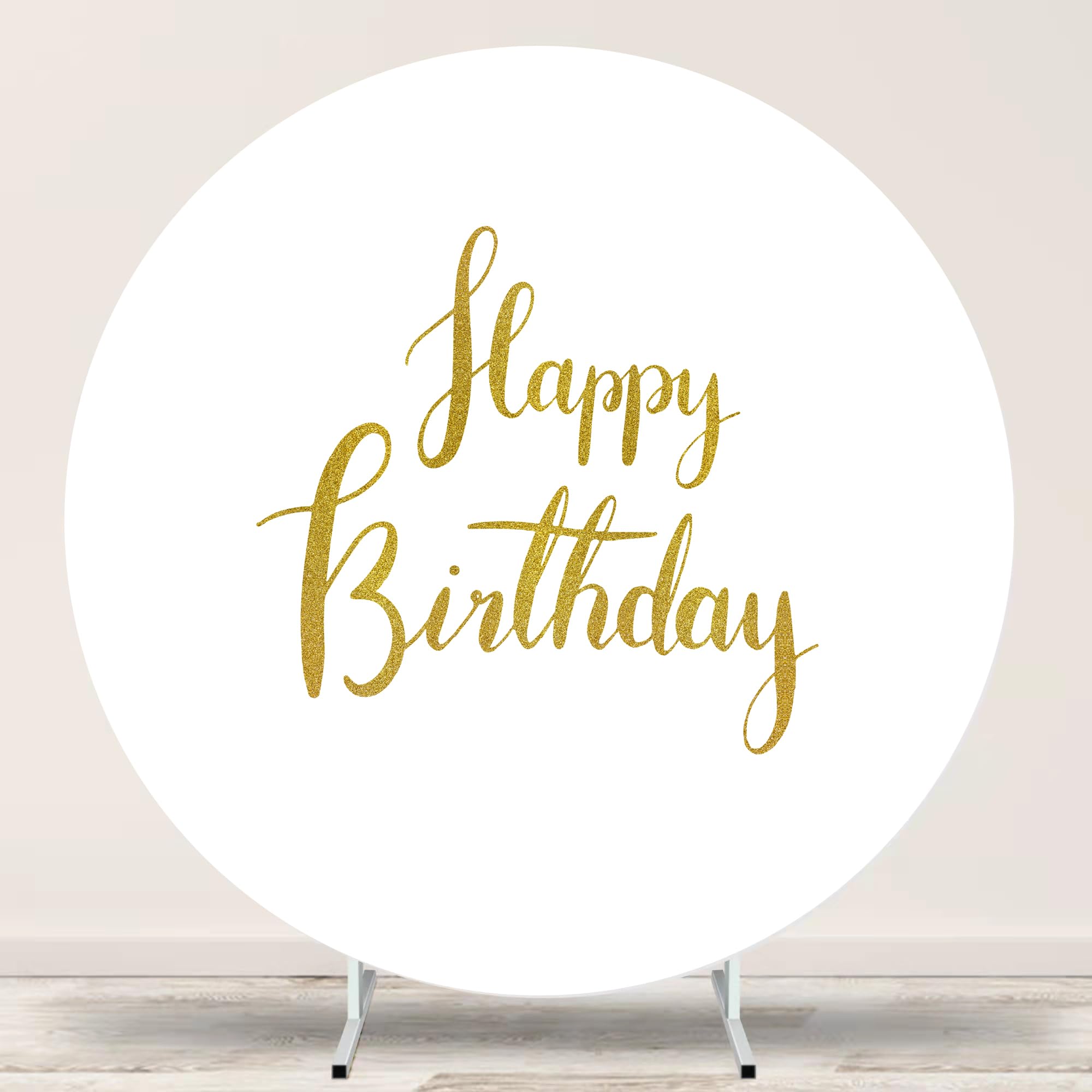 Jditngp Happy Birthday Sign Round Backdrop Cover 6.5Ft,White Circle Background Cover With 4Clips, Round Backdrop Cover Gold Happ