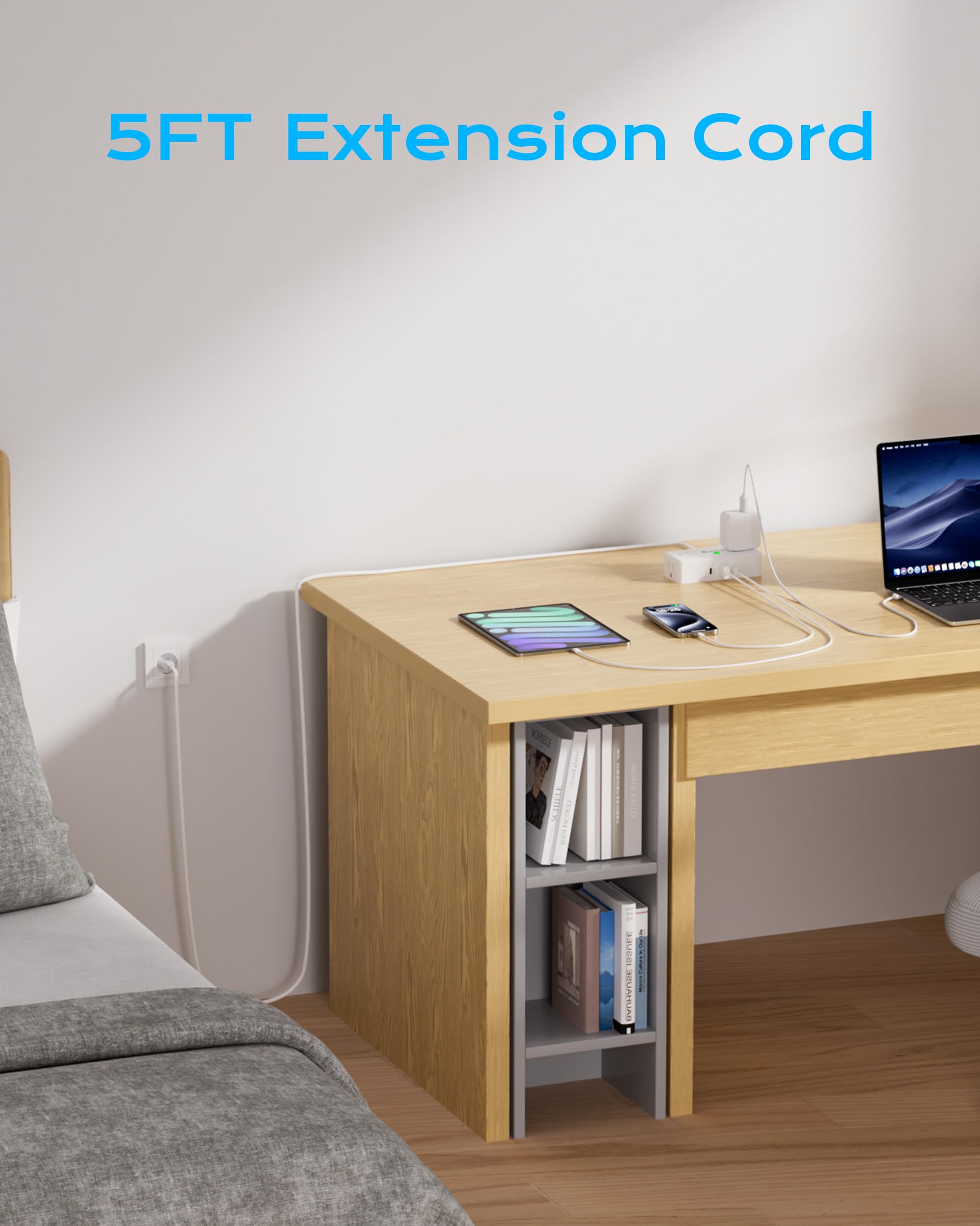 Kakyanill European Travel Plug Adapter, Eu/Uk/Jp Plug Adapter, 4 Ac Outlets, 3 Usb Ports (2 Usb C), 5Ft Flat Extension Cord, Com