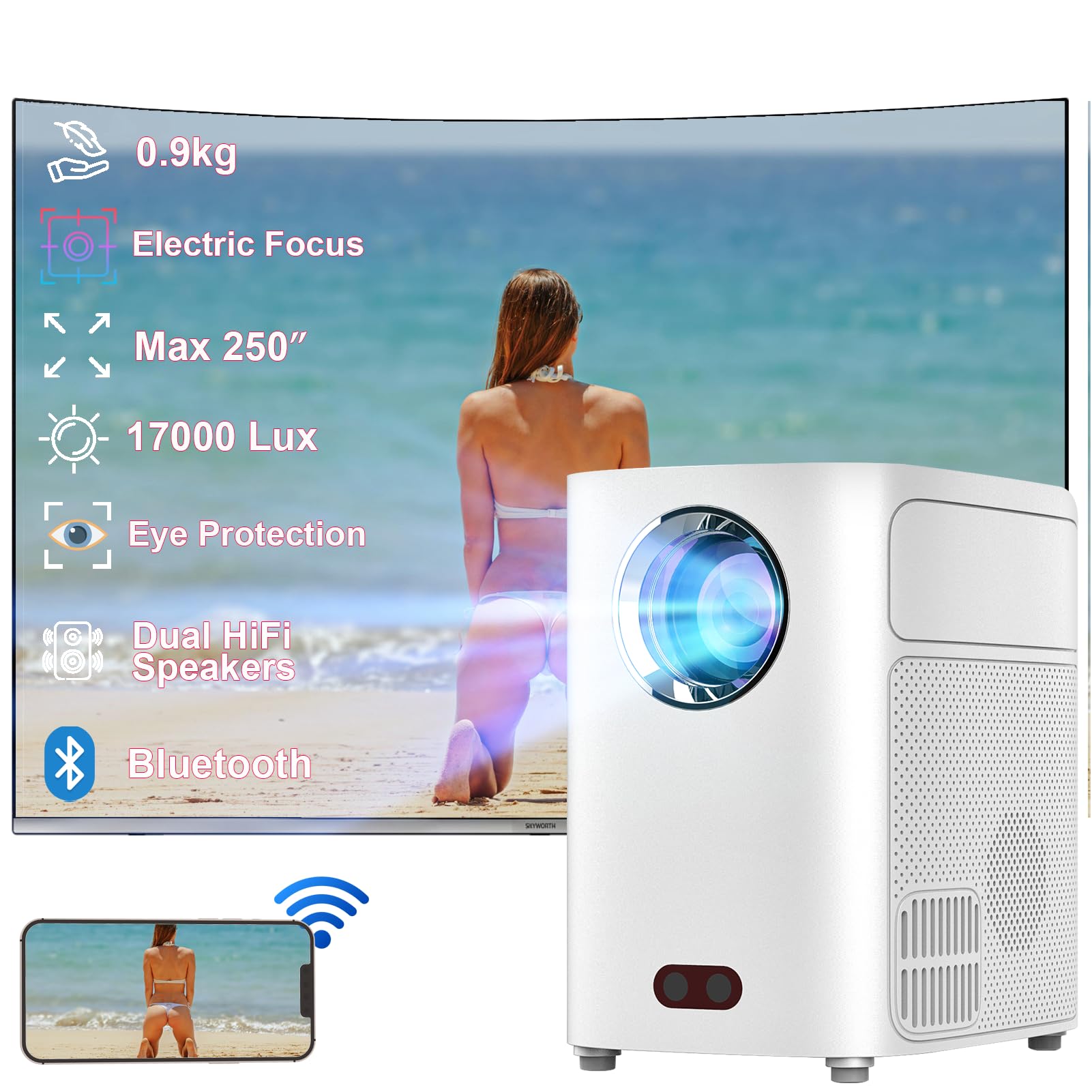 Mini Projector, Max 250'' 17000 Lux Intelligent Eye Protection Portable Projector, Dual Hi Fi Speakers Movie Projector For Home