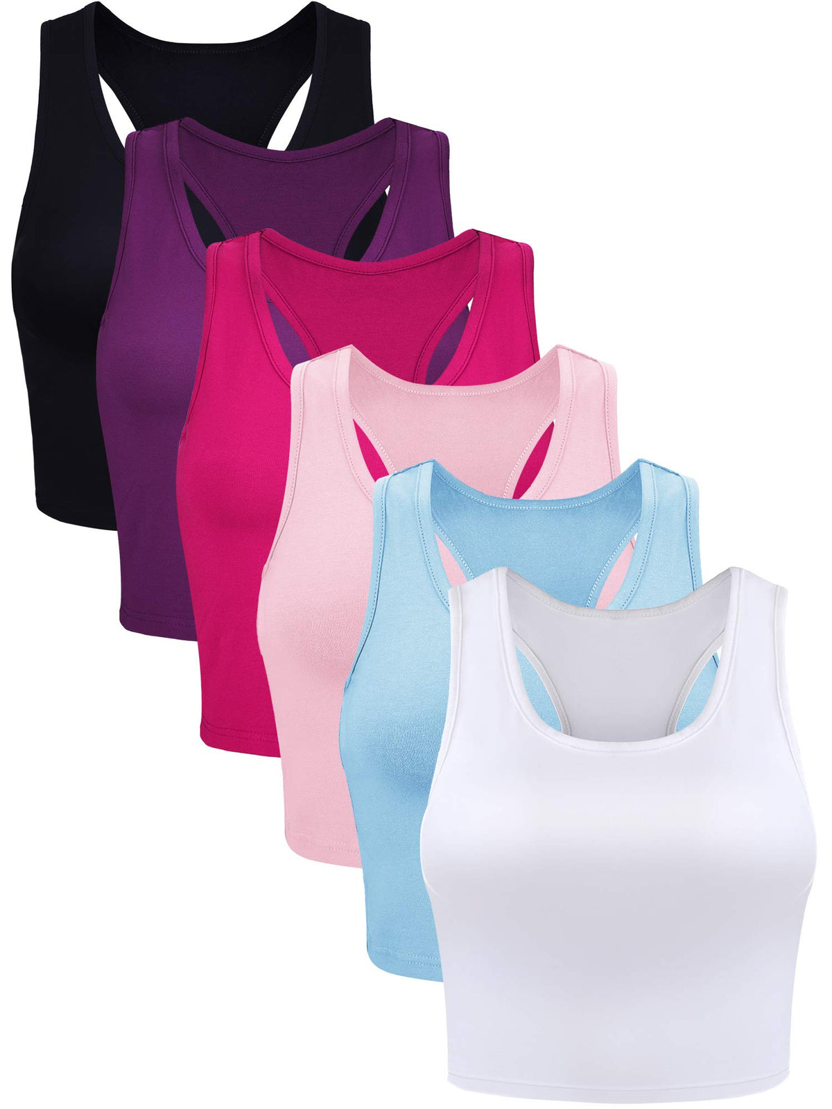 6 Pieces Basic Sleeveless Racerback Sports Crop Tank Tops For Women Girls Daily Wearing (Black, Purple, Rose Red, White, Light B