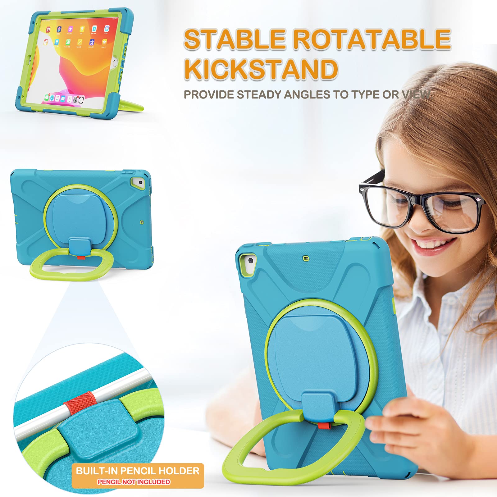 Braecn Kids Case For Ipad 6Th/5Th Generation(2018/2017), 3 Layer Full Body Rugged Silicone Case With Rotatable Handle Grip, Shou