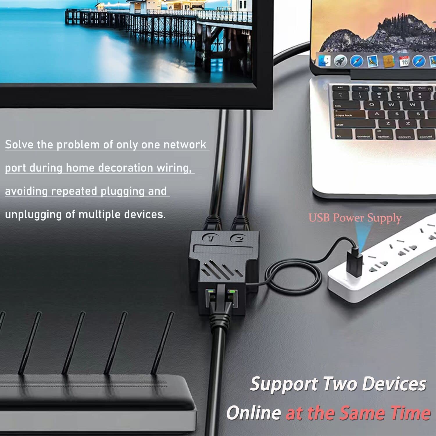 Akwor Rj45 Ethernet Splitter 1 To 2, Mini Gigabit Network Ethernet Switch With Usb Power Cable, Cat 5/6/7/8 Network Cable (Suppo