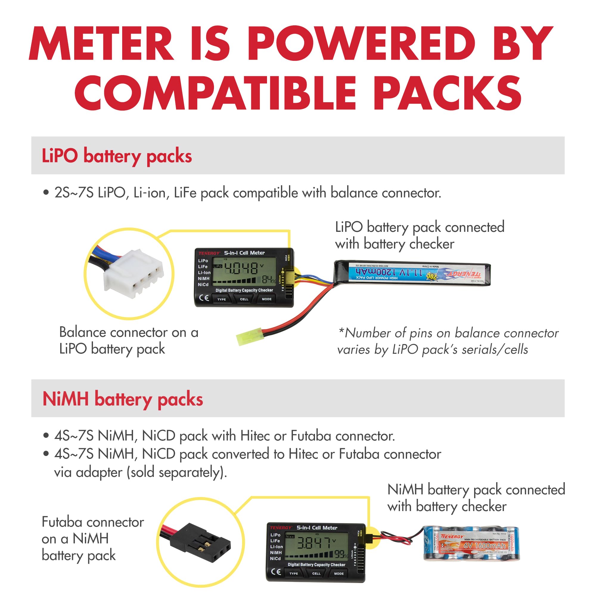 Tenergy 5 In 1 Battery Meter, Intelligent Cell Meter Digital Battery Checker/Balancer For Lipo / Lifepo4 / Li Ion/Nicd/Nimh Batt