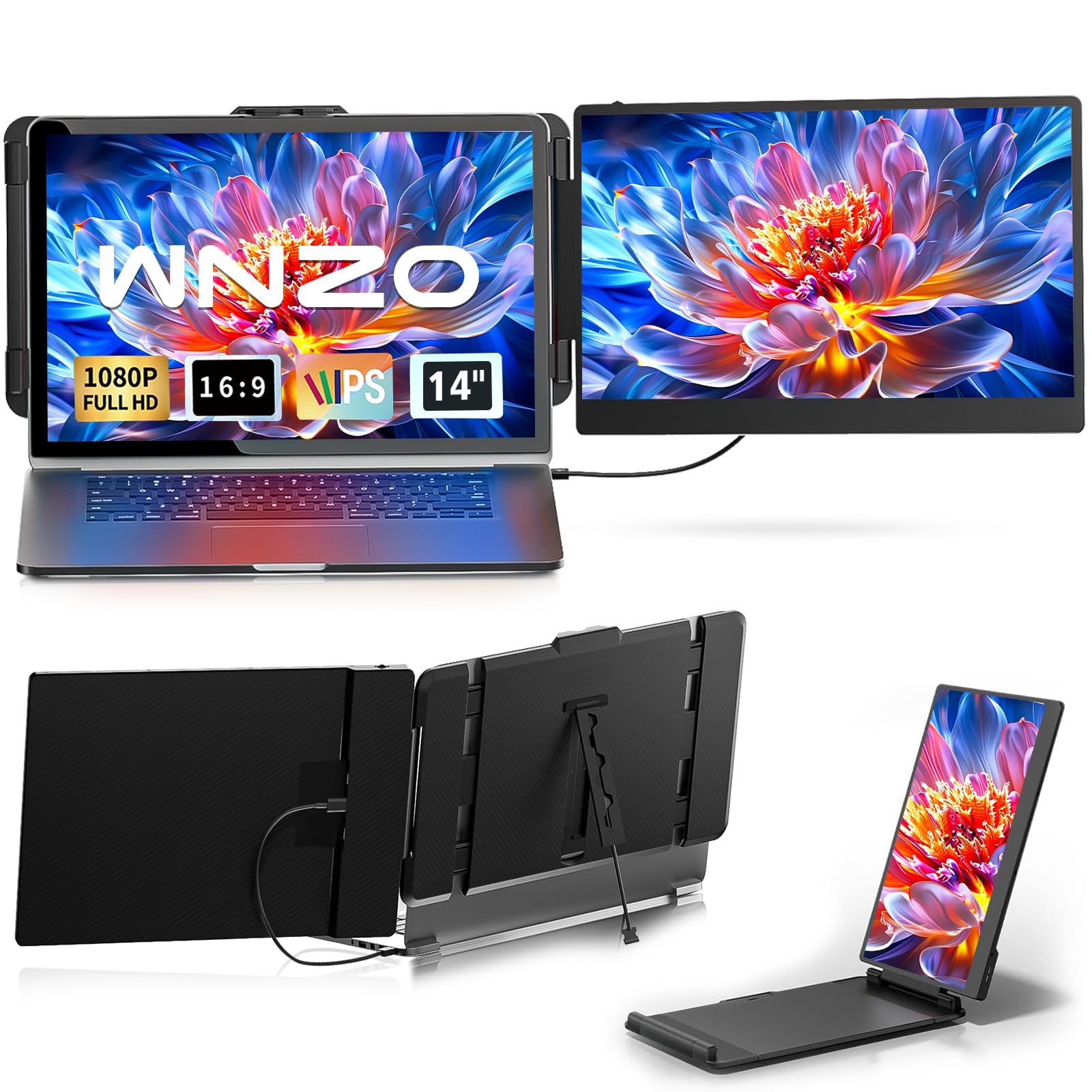 WNZO Laptop Screen Extender 14 - Dual Portable Monitor FHD 1080P IPS Second Screen for 13-17 Laptops, Plug & Play for Trip/Remot