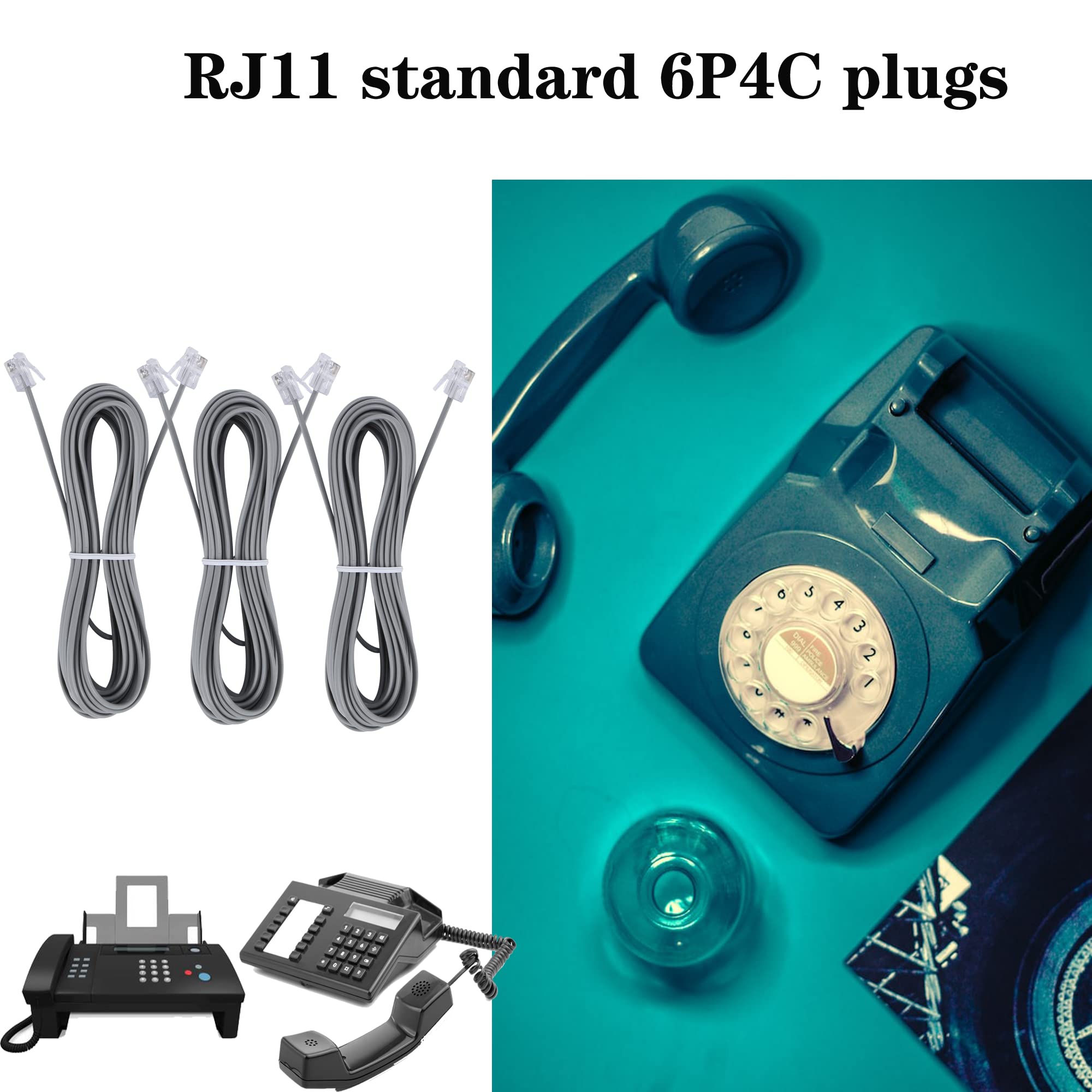 Telephone Landline Extension Cord Cable Cord With Standard Rj 11 6P4C Plug (10Ft 3Pack, Silver)