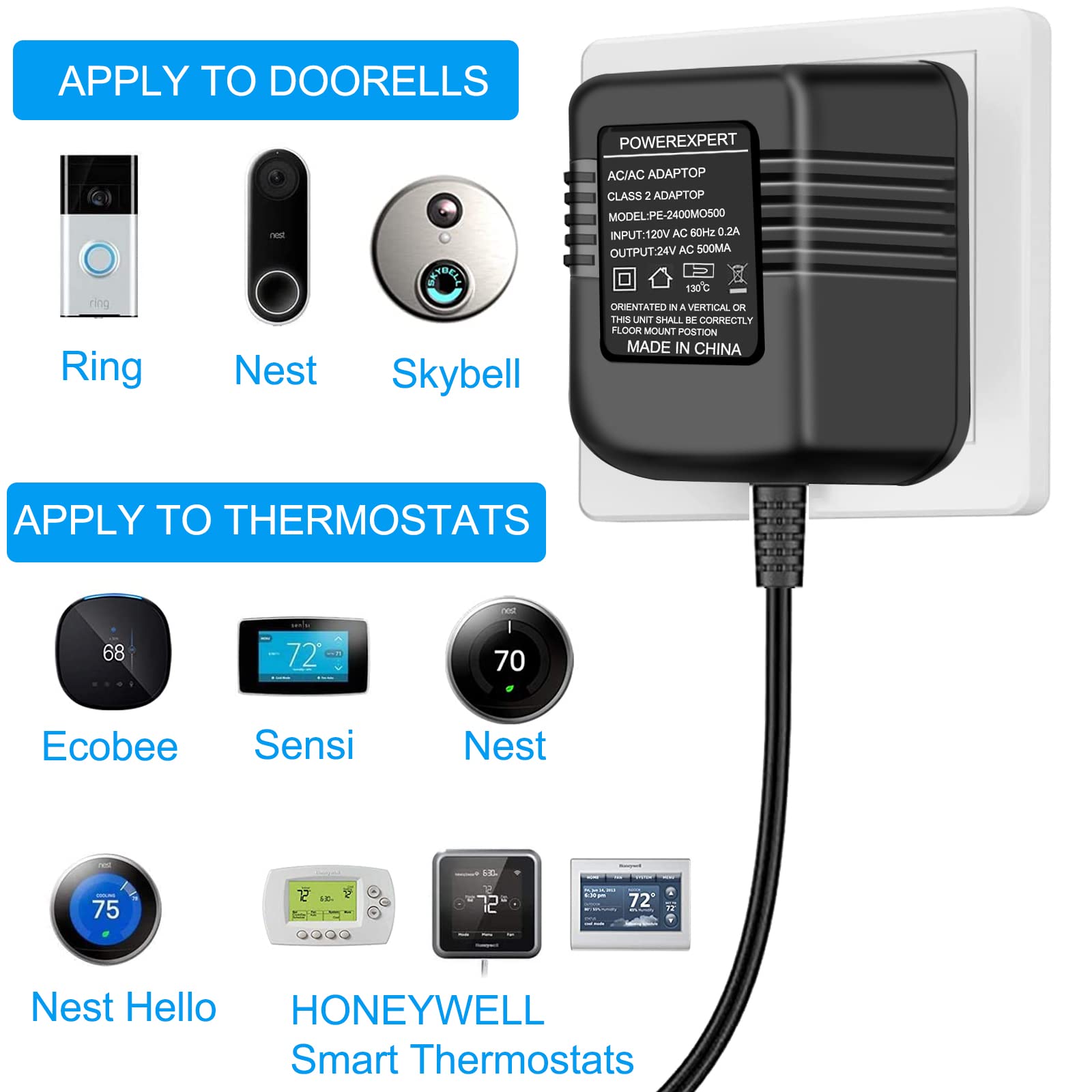 ATUOE 24V Transformer for Ring Doorbell & Thermostat, Compatible with Wyze, Nest, Black, Model 4981236