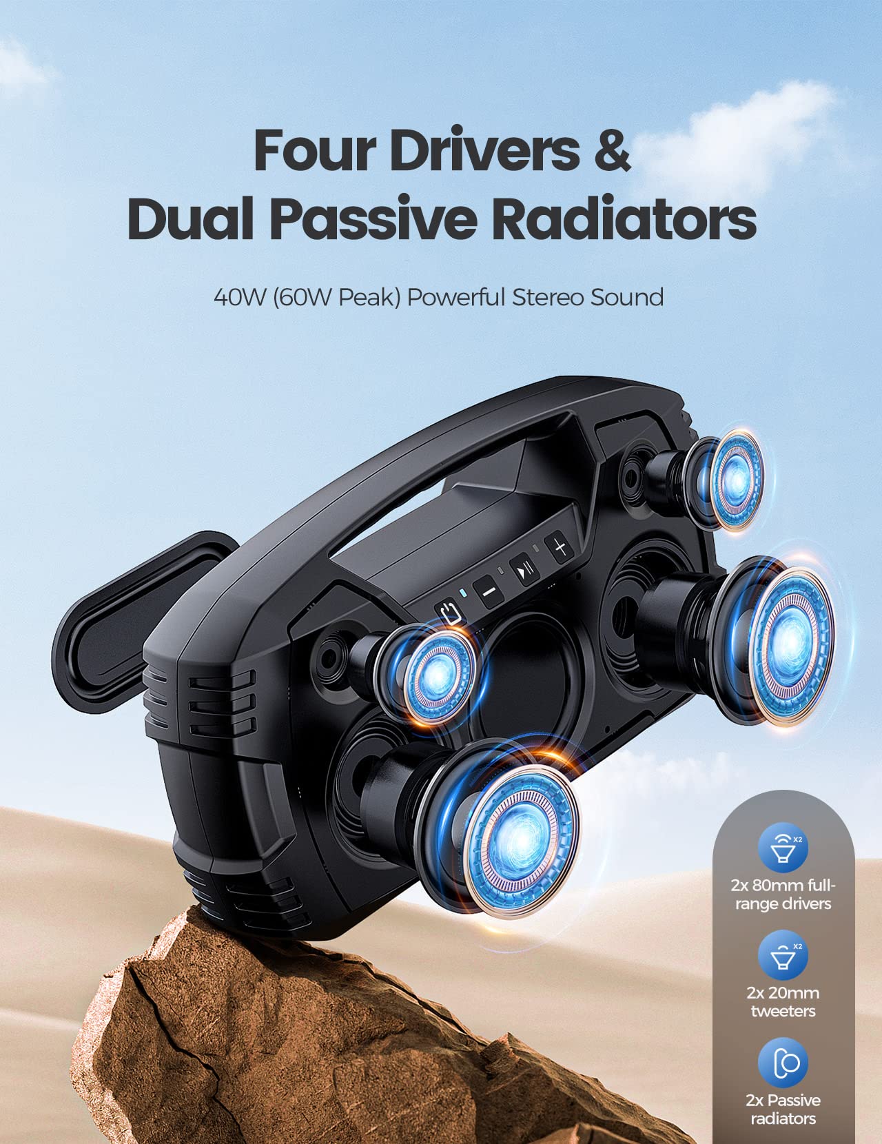 Ipx7 Waterproof Bluetooth Speaker, 40W(60 Peak) Portable Wireless Speakers With Subwoofer, 32H Playtime, Stereo Loud Sound, Deep