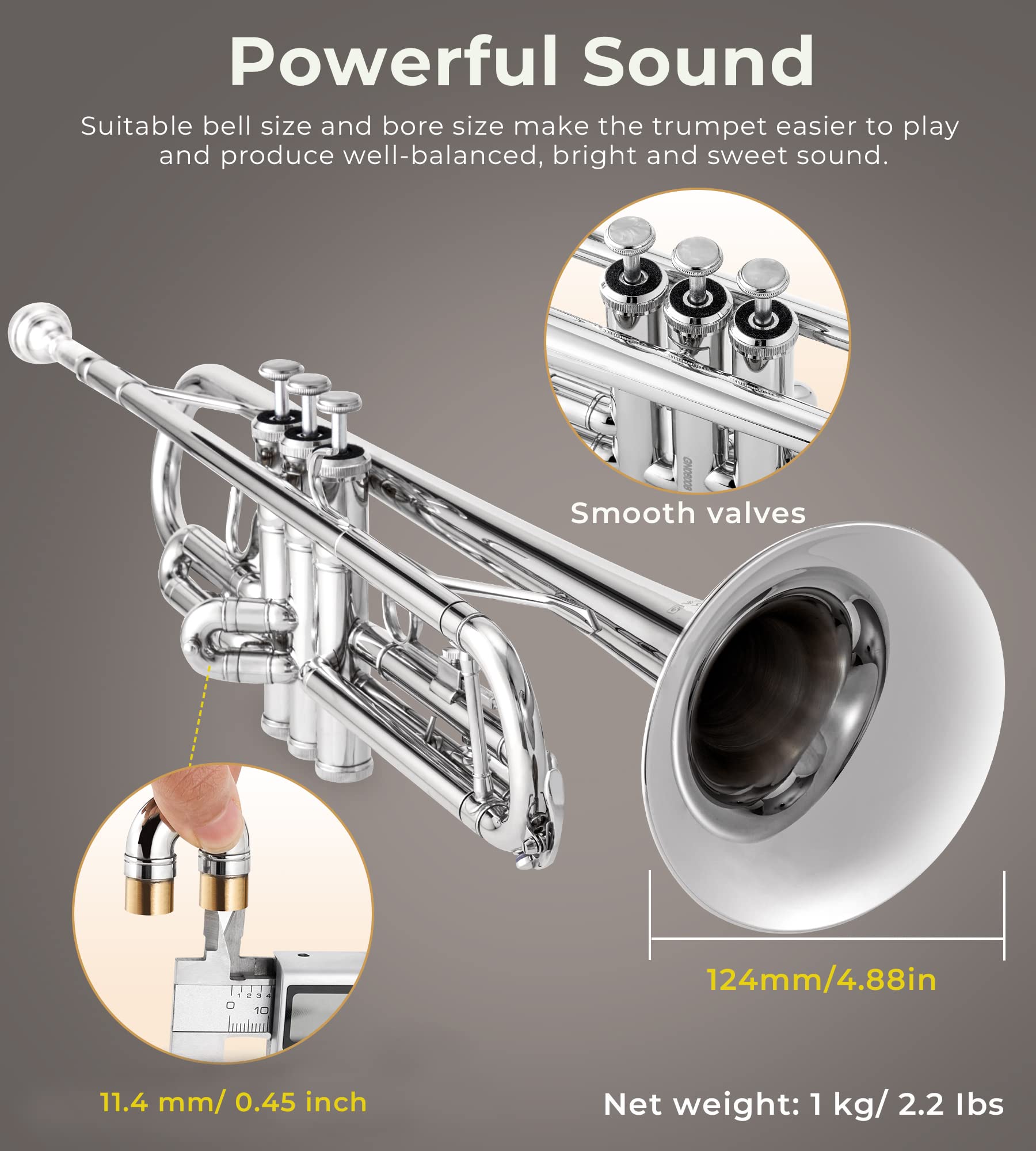 Trumpet, Bb Standard Trumpet Brass Silver Student Trumpet Instrument For School Band Orchestra Beginners Adults With Hard Case,