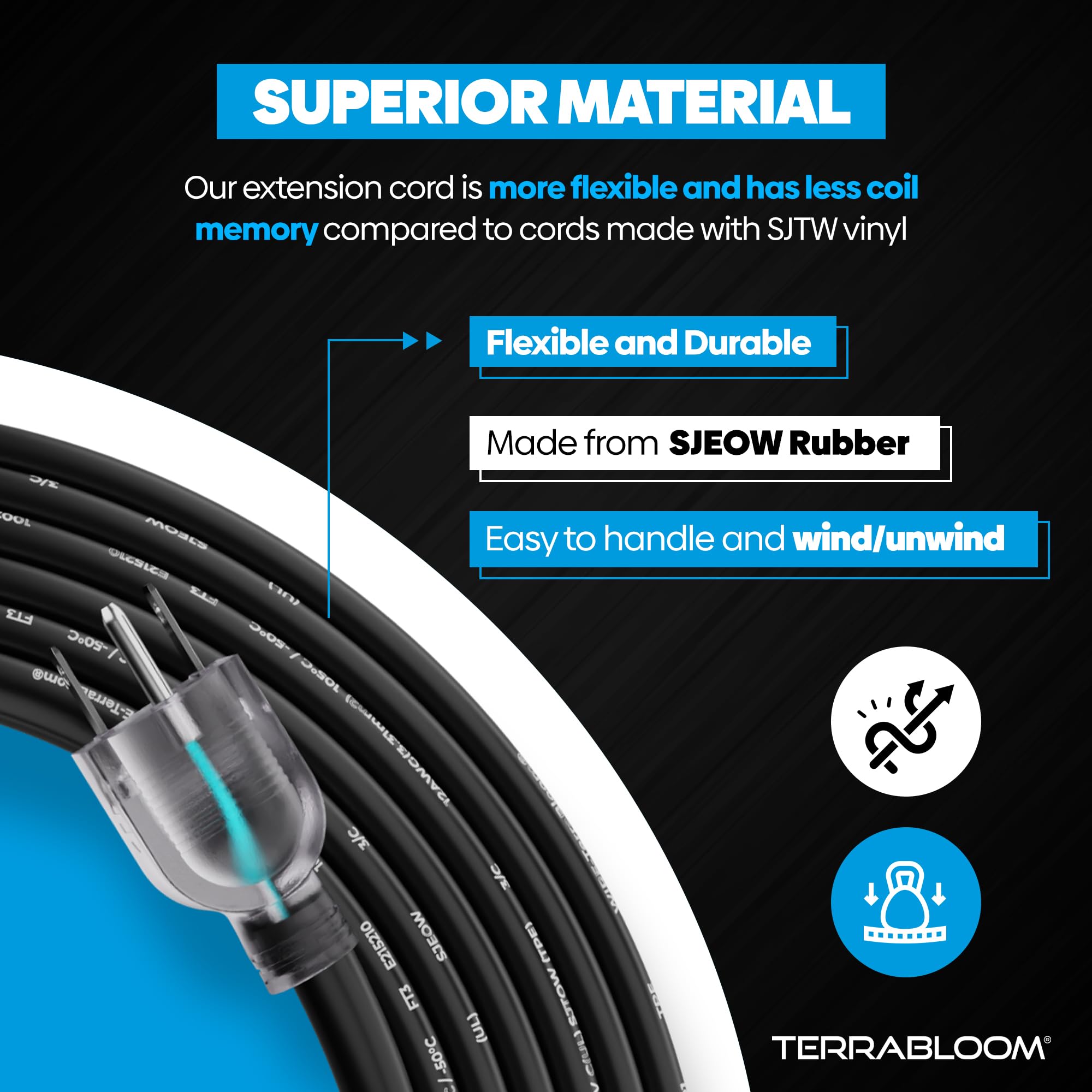 Terrabloom 14/3 Heavy Duty Extension Cord 100 Ft Outdoor   Black Outdoor Extension Cord Multiple Outlet   Ultra Flexible Sjeow R