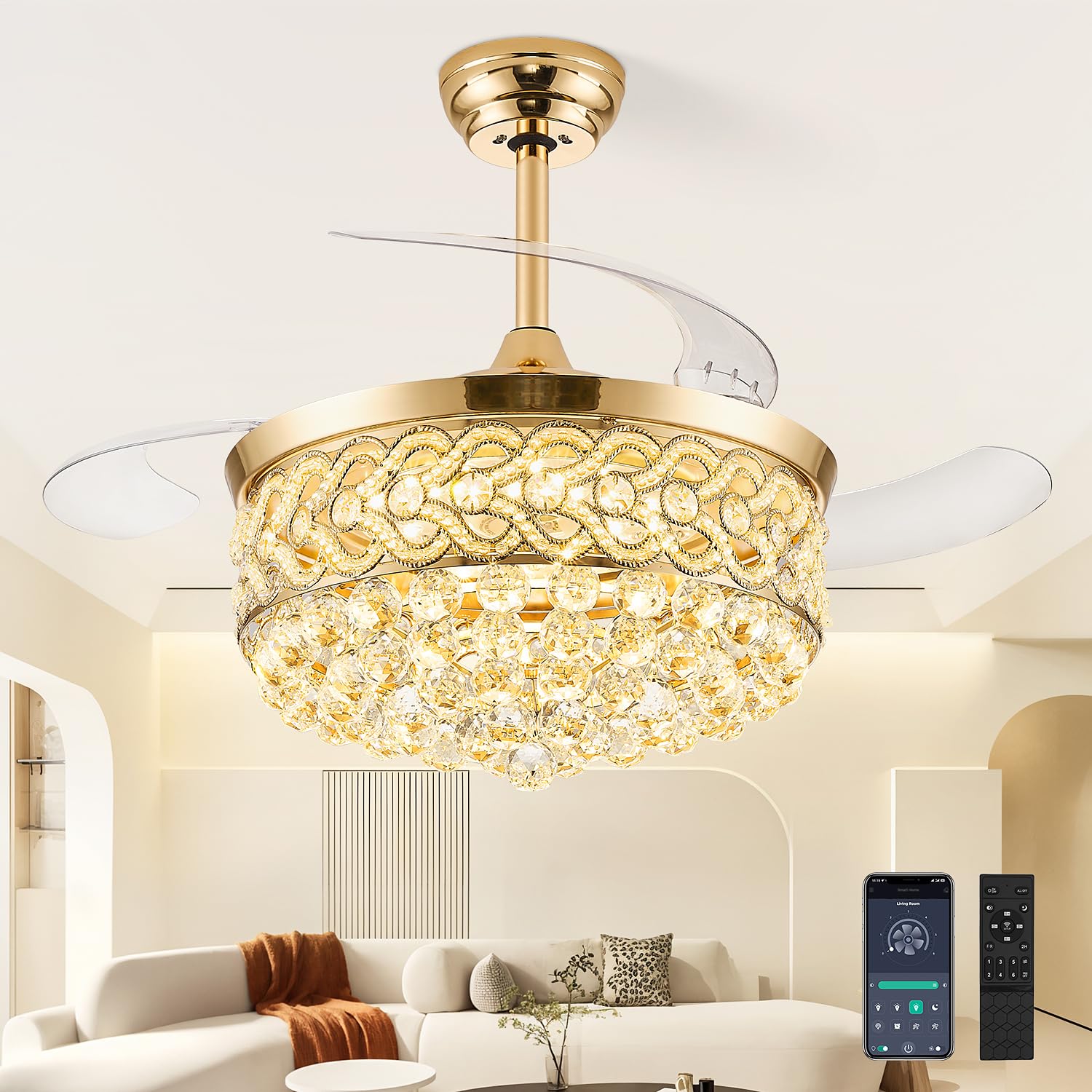 TXCSLY 48 Crystal Fandelier Ceiling Fan with Light, Retractable Ceiling Fans Chandelier Fan with Retractable Blades Dimmable Cry