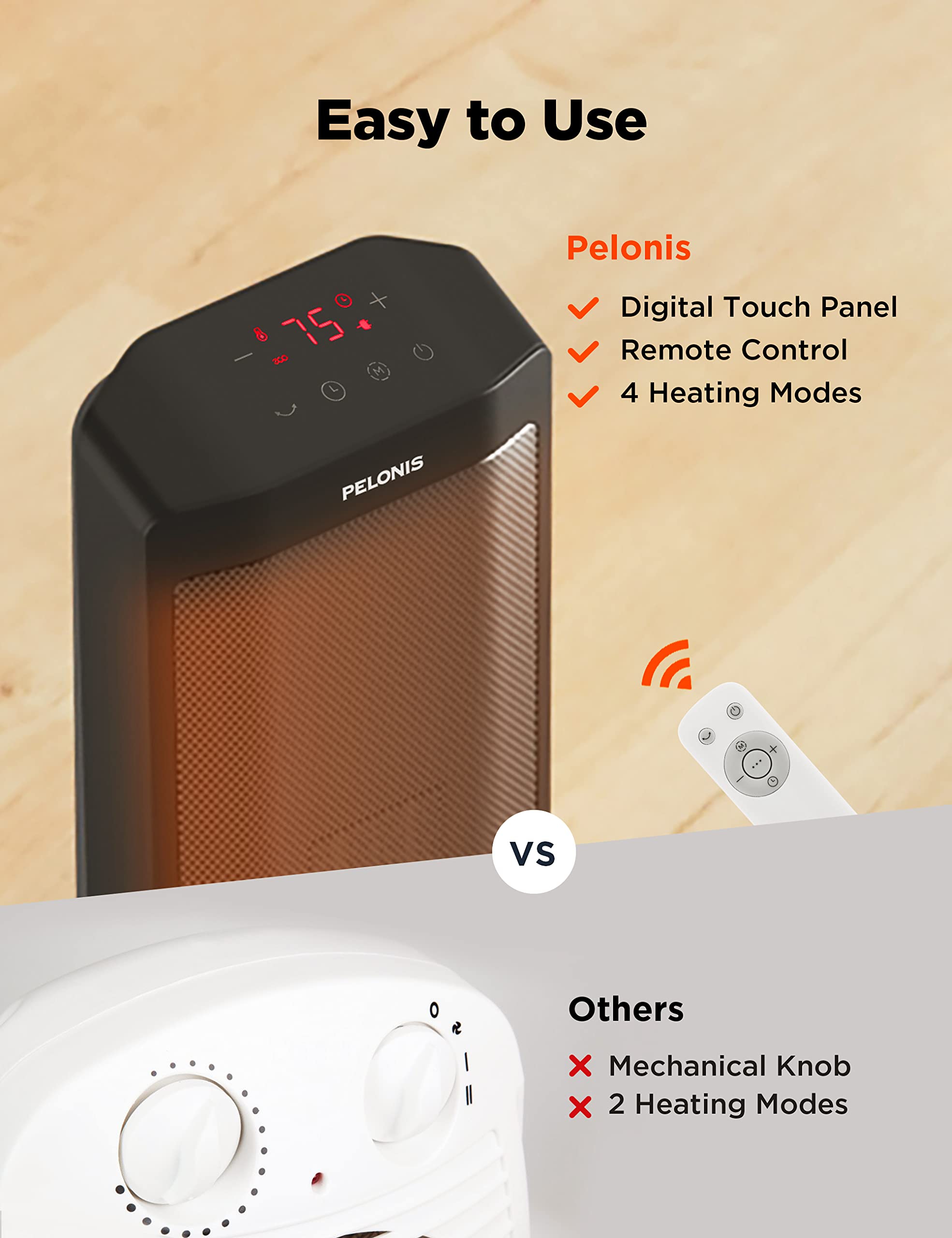 Pelonis 1500W Tower Space Heater For Indoor Use In With Oscillation, Remote Control, Programmable Thermostat, Timer, Touch Scree