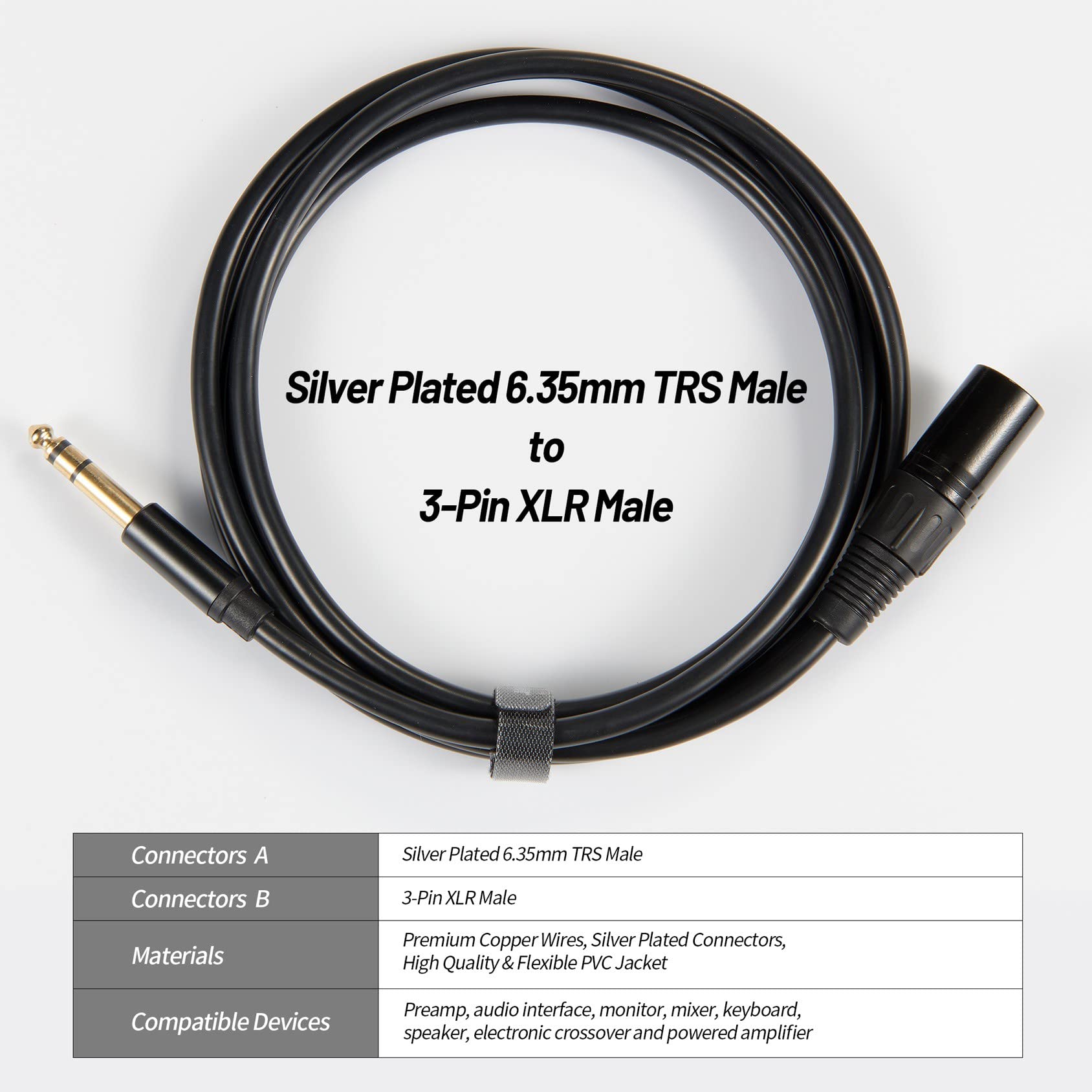 Sound Harbor Xlr To 1/4 Inch Cable 3.3 Feet,Trs 6.35Mm To Xlr Male Jack   Soft Pvc Balanced Patch Cable