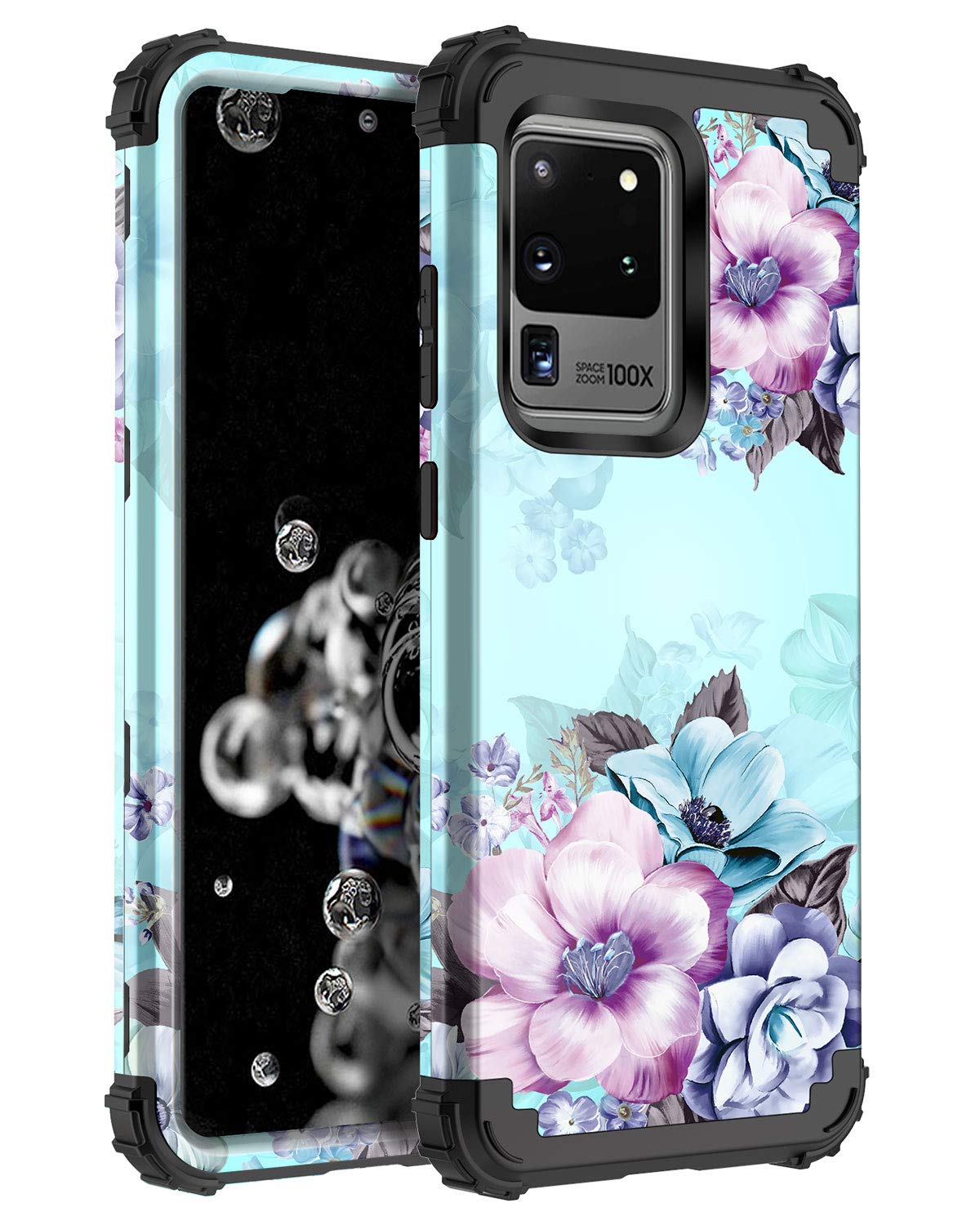 Casetego Compatible With Galaxy S20 Ultra Case,Floral Three Layer Heavy Duty Hybrid Sturdy Shockproof Full Body Protective Cover Case For Samsung Galaxy S20 Ultra 6.9 Inch,Blue Flower