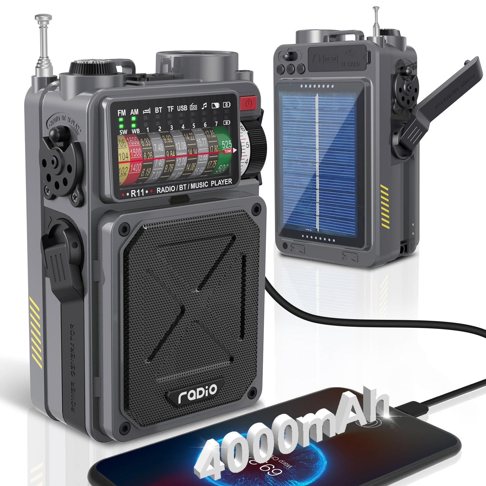 Emgykit Shortwave Radio With 4000Mah Rechargeable Battery, Am/Fm/Wb/Sw Shortwave Radio With Bluetooth Speaker, Flashlight, Sleep