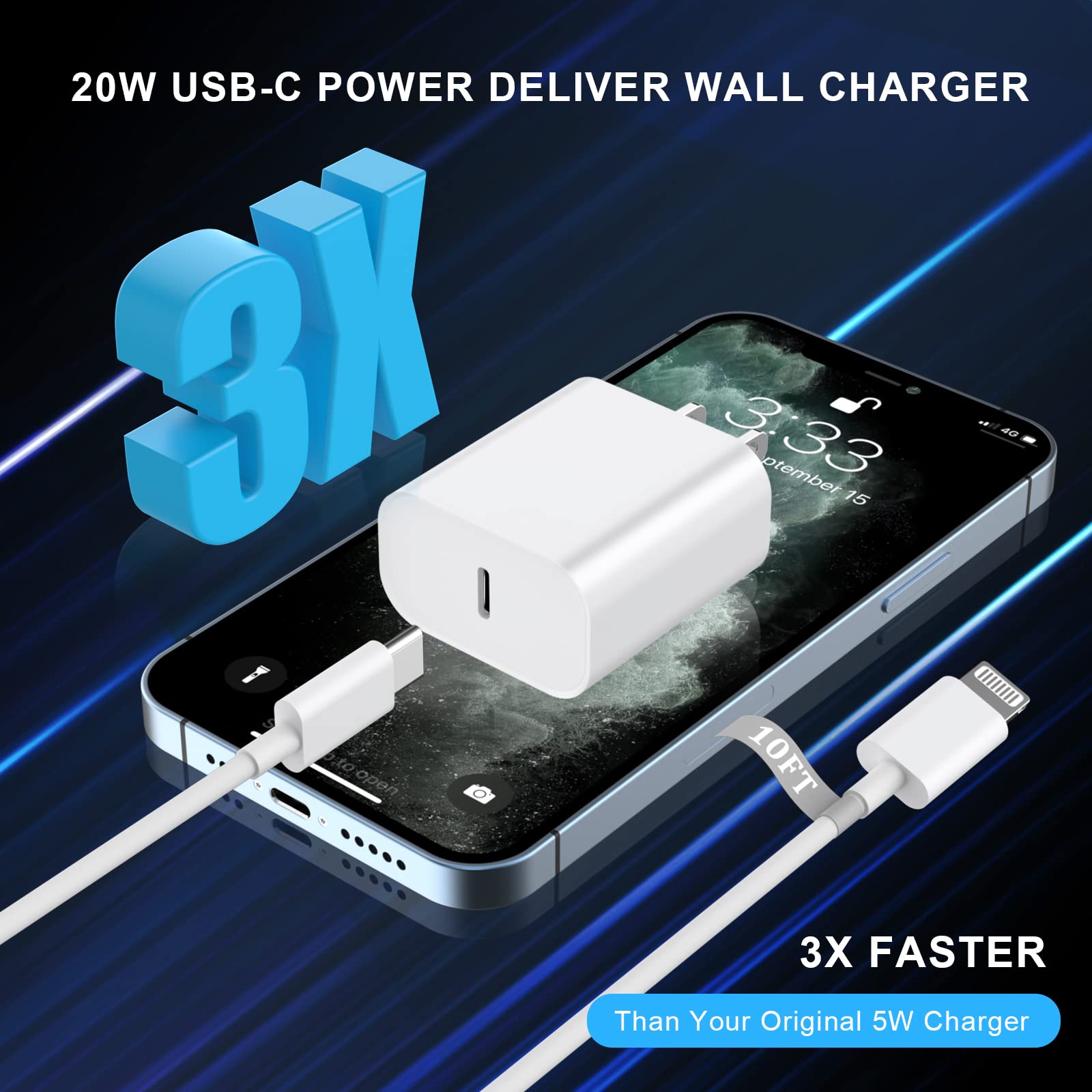 Crehao Iphone Fast Charger, [Mfi Certified] 20W Pd Usb C Wall Charger Block Plug With 10Ft Extra Long Type C To Lightning Fast C