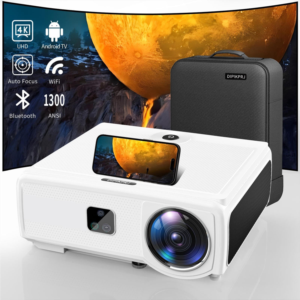 [Auto Focus & Keystone] Android Tv 4K Projector With Prime Video Bulit In,1300Ansi Lumens Home Movie Outdoor Projector 4K+ With 