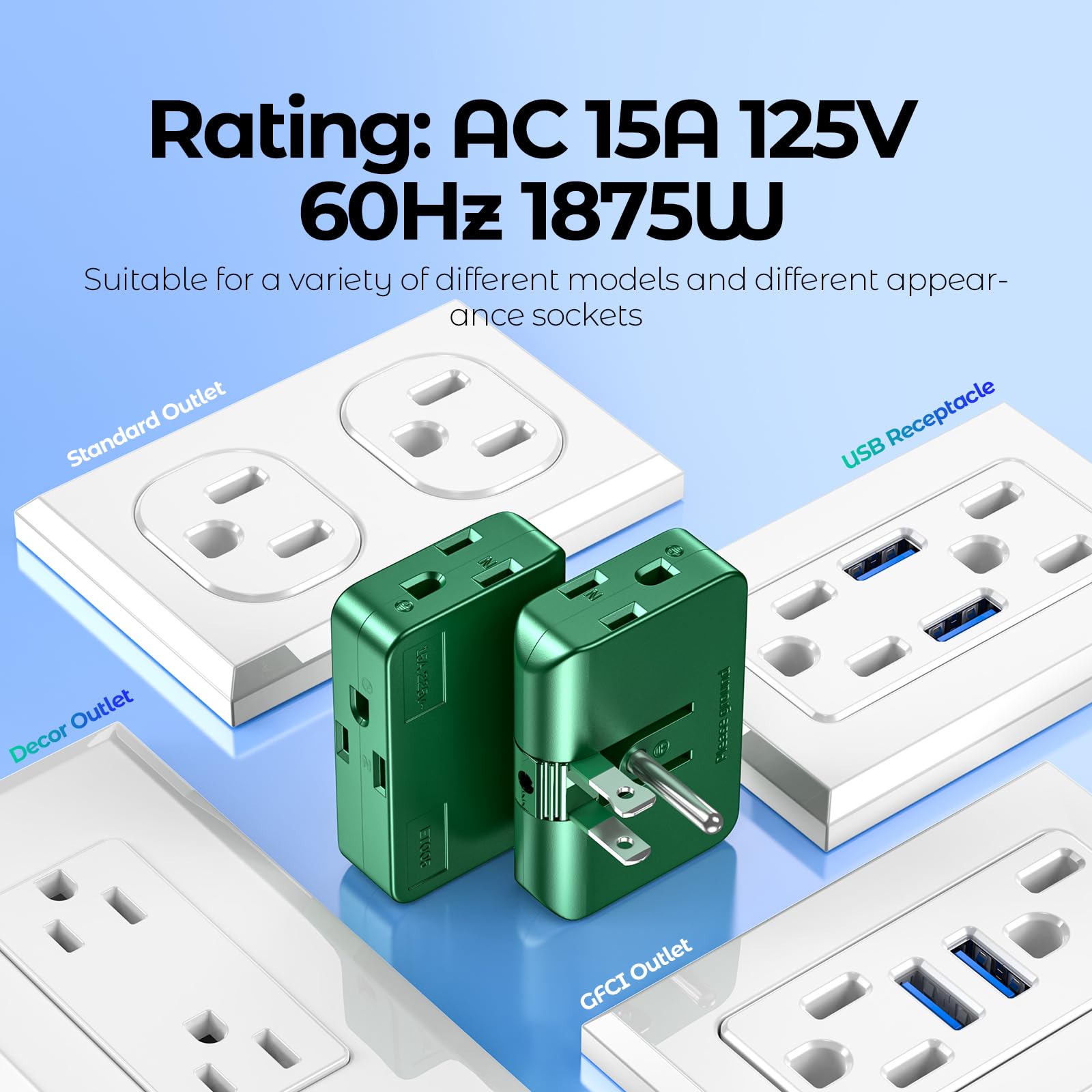 Green Outlet Splitter 3 Prong   Plug Extender With 3 Plug Wall Adapter, 2 To 3 & 3 To 2 Prong Converter, Safe Plugs For Electric