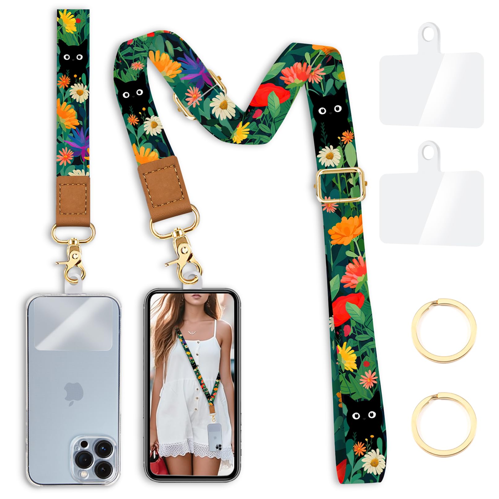 Yonlevres Phone Lanyard Crossbody With Wrist Strap, Flower Cat Cell Phone Lanyards For Around The Neck Wristlet Adjustable Phone