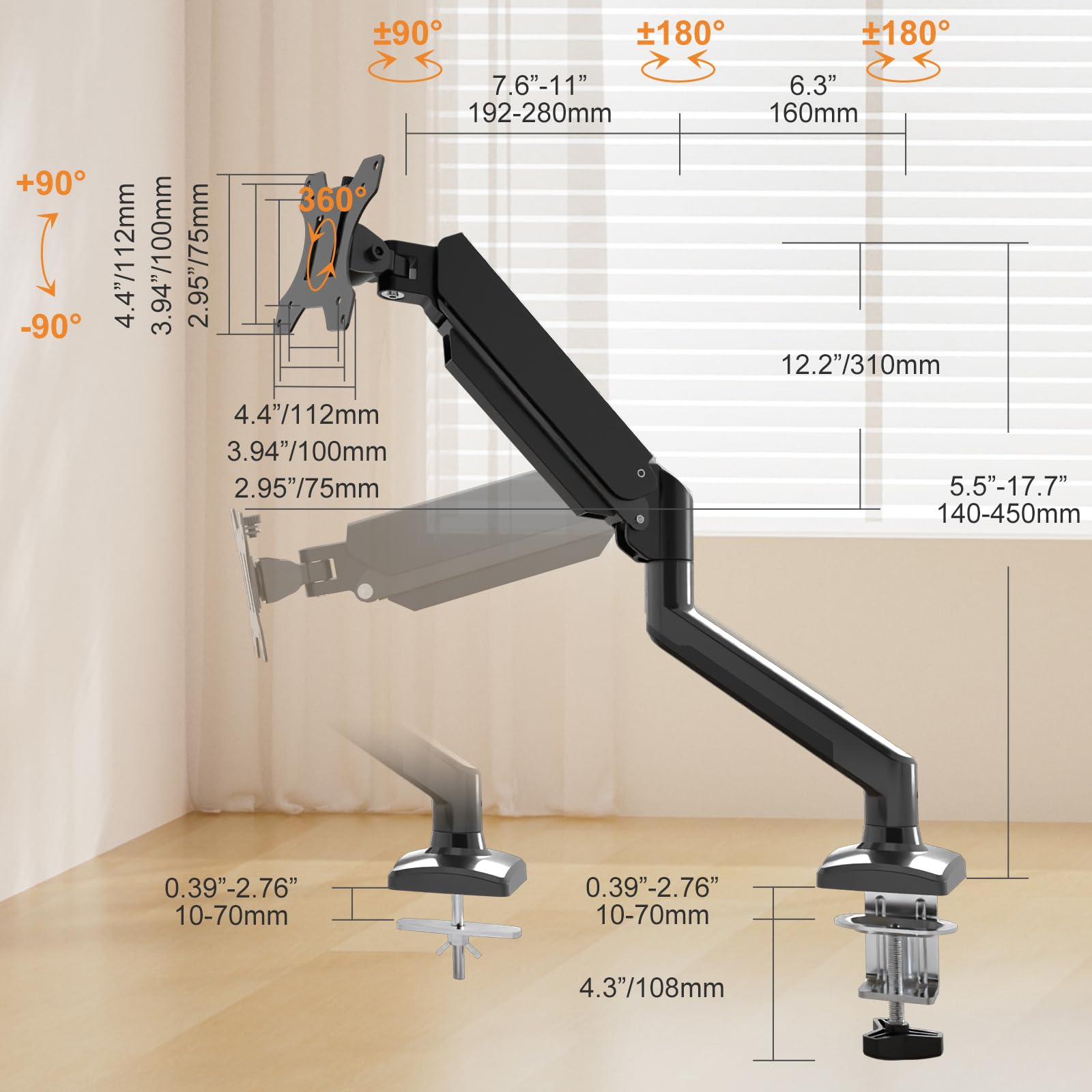 Pholiten Single Monitor Arm Fits 13 32 Inch,4.4 19.8Lbs Monitor, Fully Adjustable Gas Spring Monitor Arm, Computer Monitor Stand