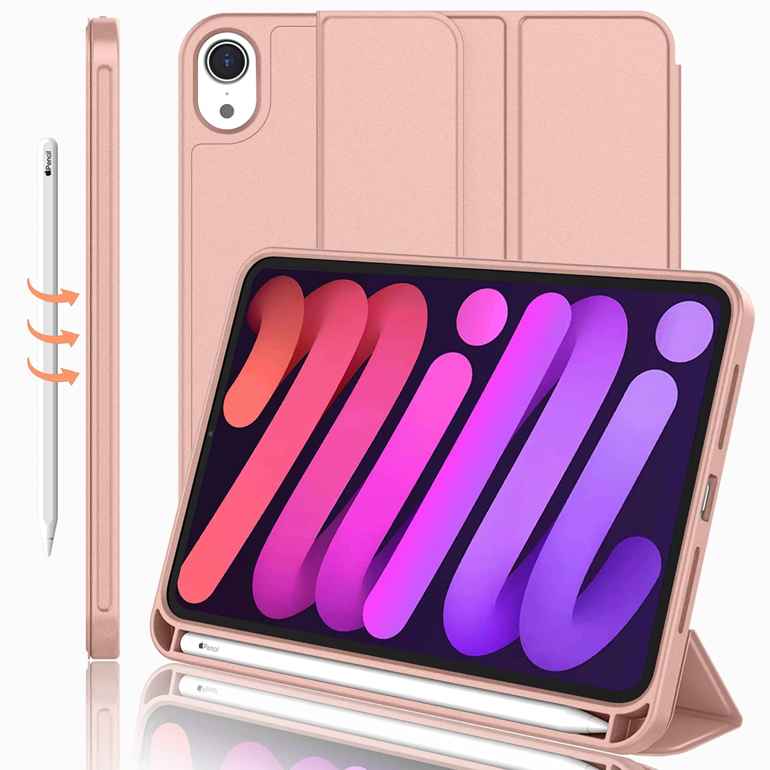 Imieet Ipad Mini 7 Case 2024 (A17 Pro), Ipad Mini 6 Case (8.3 Inch,2021 Model), Ipad Mini 7Th/6Th Generation Case With Pencil Holder, Trifold Stand Smart Case With Soft Tpu Back,Rose Gold