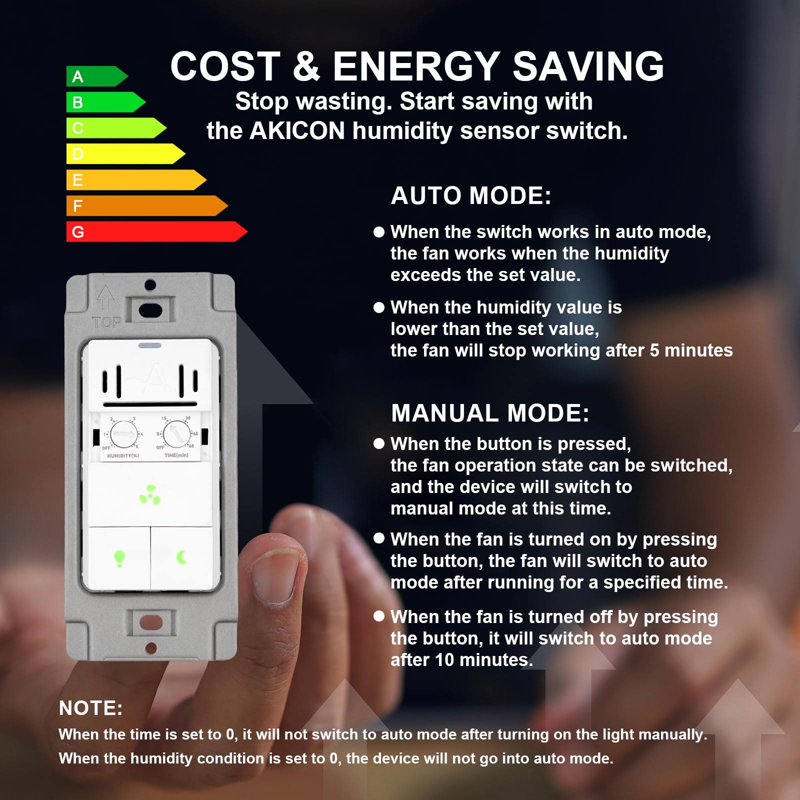 Akicon Humidity Sensor And Light Switch For Bathroom Exhaust Fan, Ventilation Fan, Led Light, Night Light, Air Moisture Control,