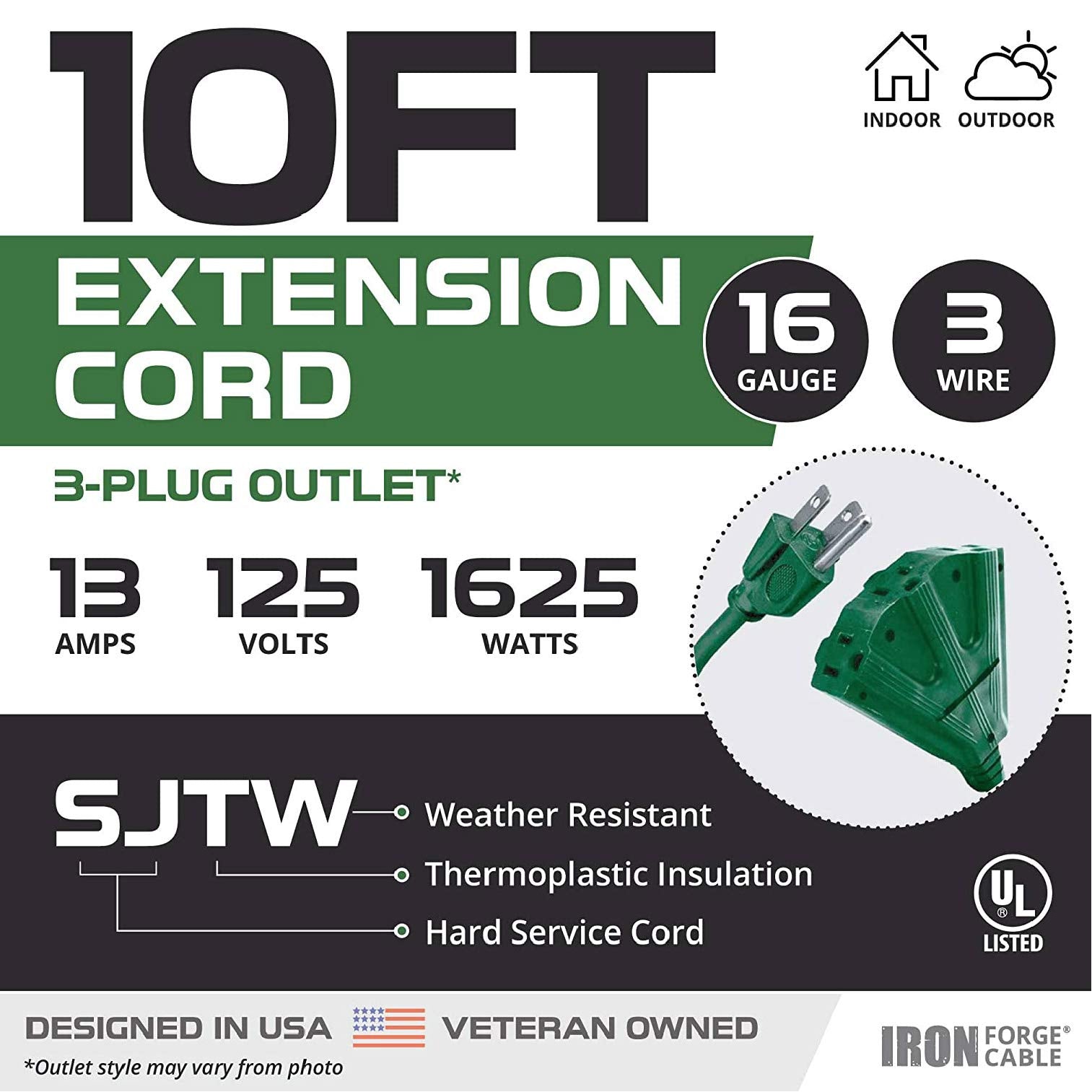 Iron Forge Cable 2 Pack 3 Outletoutdoor Extension Cord 10 Ft, 16/3 Heavy Duty Green Extension Cord With Multiple Outlets 3 Prong