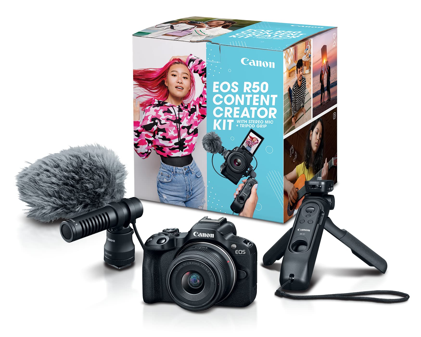 Canon EOS R50 Content Creator Kit, Hybrid Mirrorless Camera with RF S18 45mm F4.5 6.3 IS STM Lens, Tripod Grip, Microphone, Wireless Remote Control, 24.2 MP CMOS (APS C) Sensor, Vlogging Camera, Black