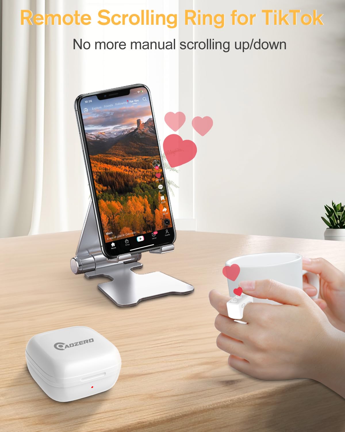 Adzerd Remote Control For Tiktok, Page Turner For Iphone/Ipad, Bluetooth Camera Video Recording Remote, Scrolling Ring For Tik Tok, Compatible With Ios/Android Phones & Tablets   White