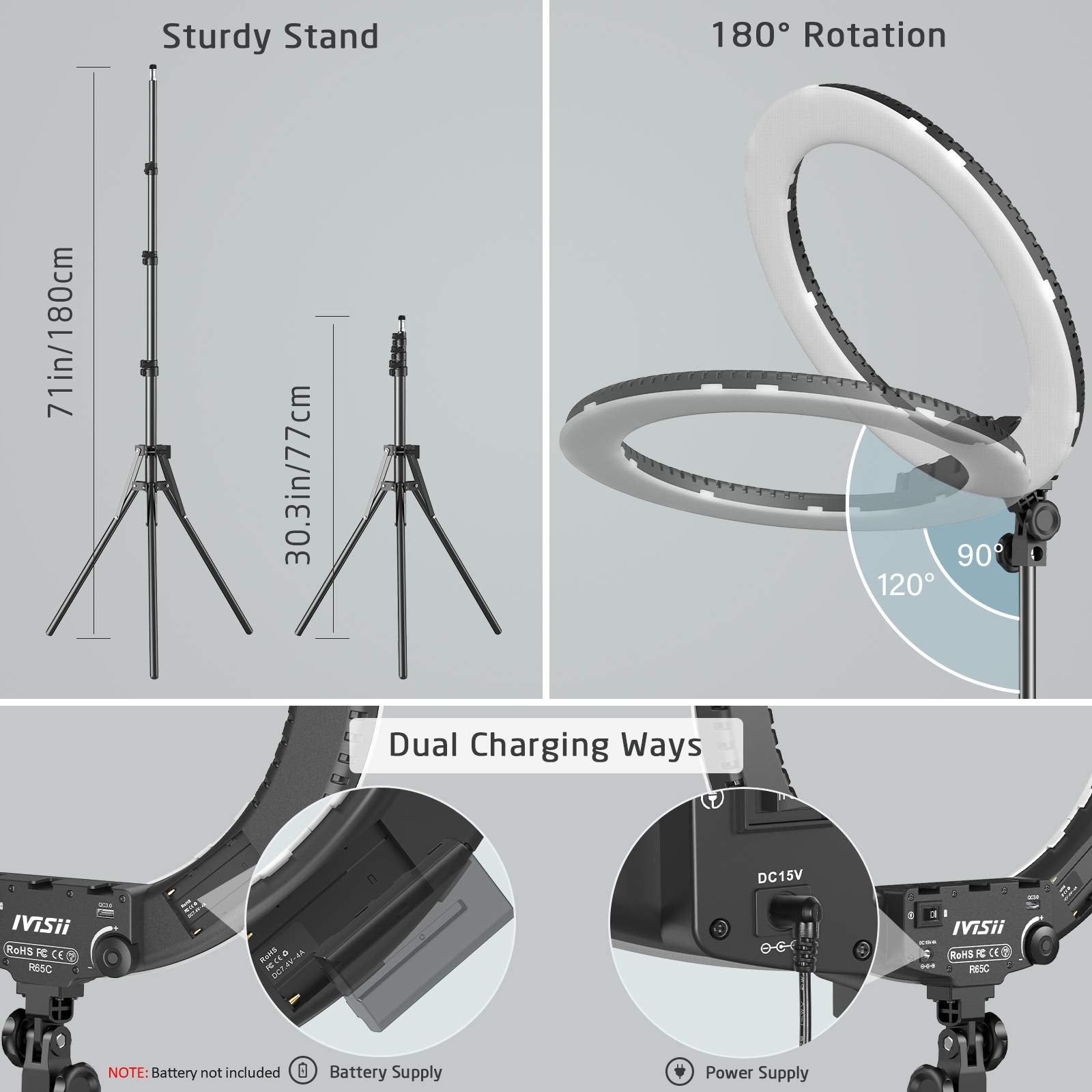 Ivisii 18 Inch Ring Light With Stand And Phone Holder & Ball Head, 60W Bi Color 3000 5800K, Professional Ring Light With Tripod