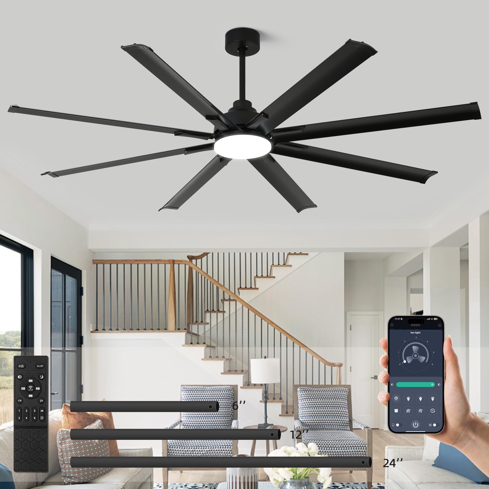 RIENAZA 72 inch Ceiling Fans with Lights and Remote Control,Large Ceiling Fan with 8 Aluminum Blades, 3CCT, 6-Speed,Black Commer
