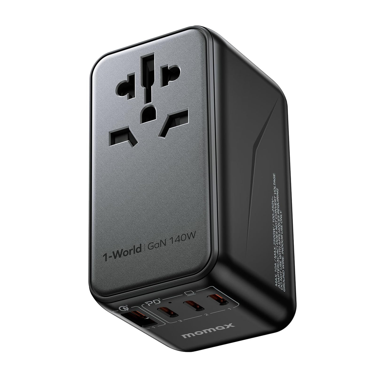 Momax 140W Universal Travel Adapter, Gan Technology, Eu/Uk/Aus/Us/Jp Worldwide, Fast Charging For Iphone, Macbook Pro, Vision Pr