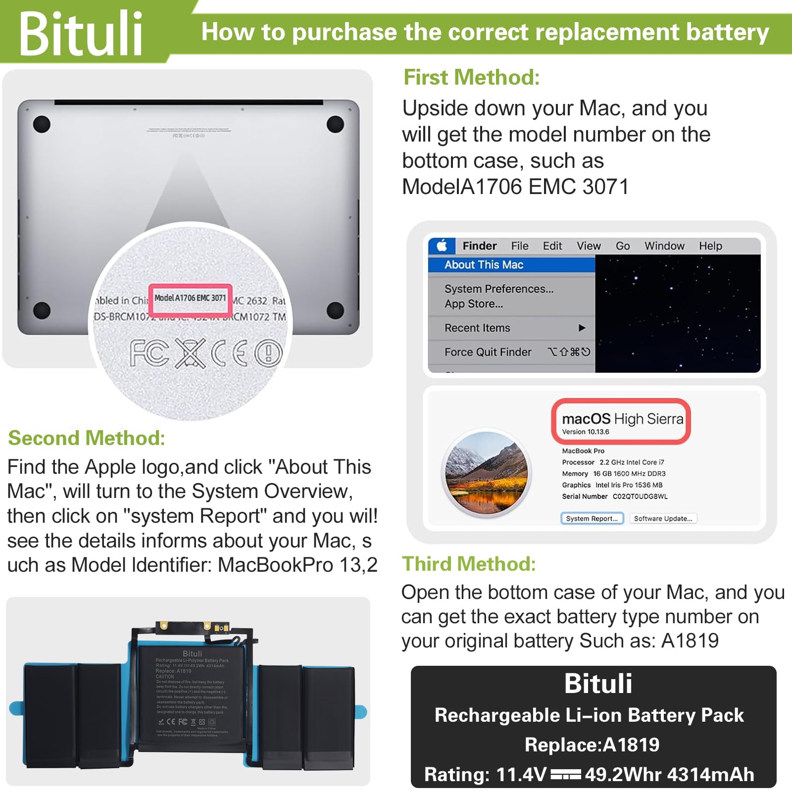 Bituli A1706 A1819 Battery Replacement Laptop Battery Compatible With Mac Book Pro 13 Inch [Late 2016 Year, Mid 2017 Year], Emc