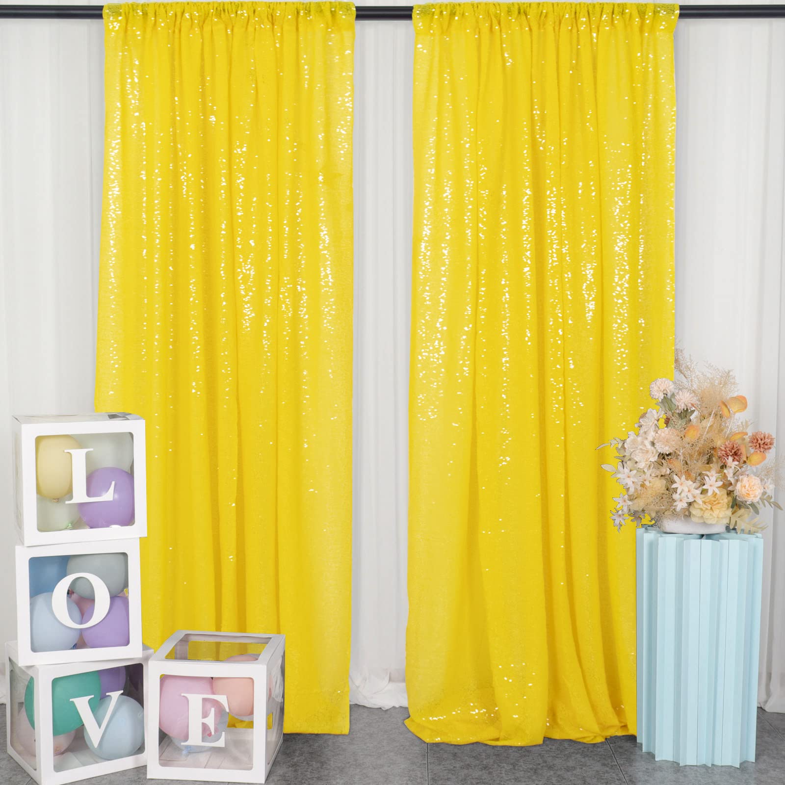 Duobao 2Ftx8Ft Sequin Curtains 2 Panels Yellow Sequin Photography Backdrop For Prom Party Payette Sequin Curtain 8Ft Sequin Show