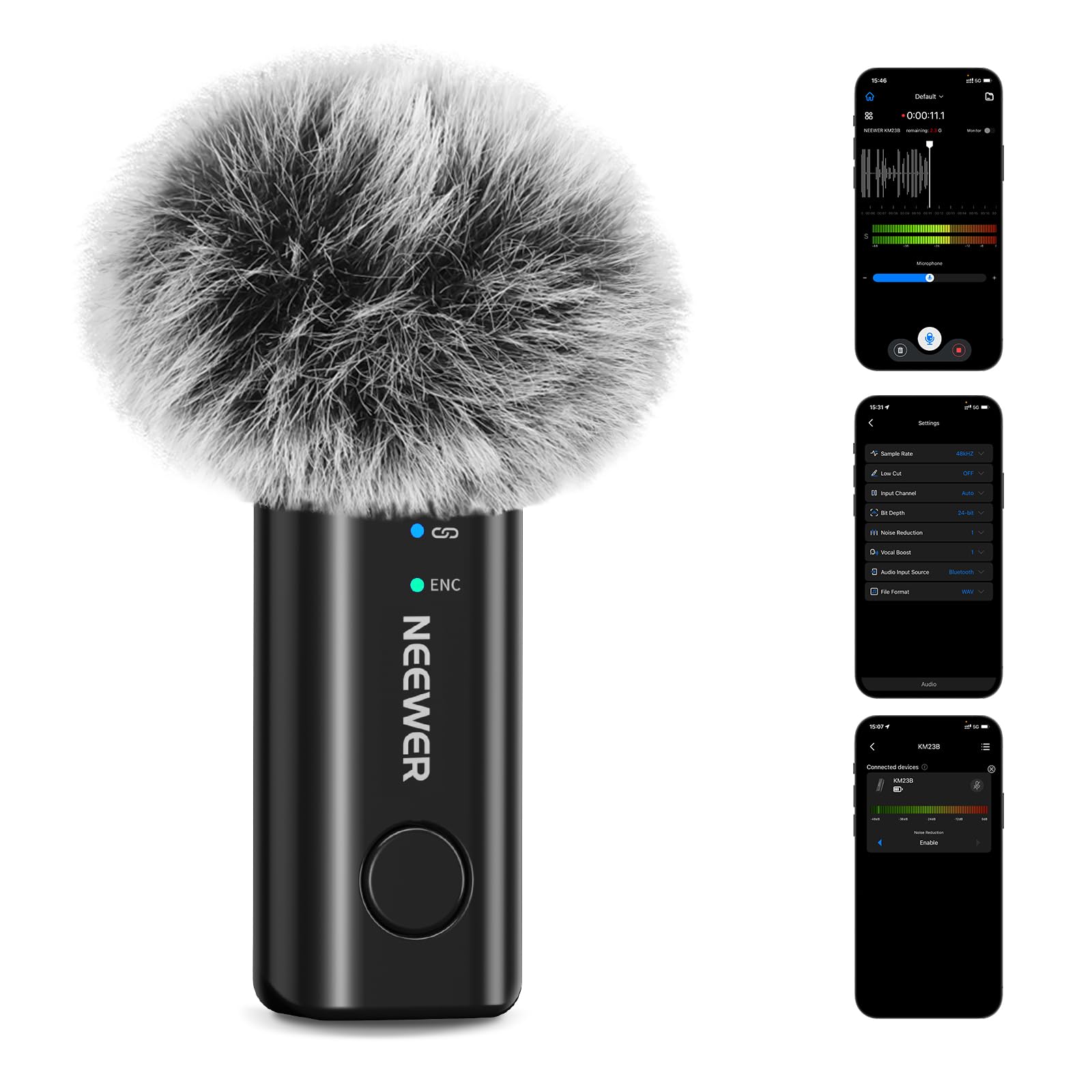 NEEWER KM23B Wireless Lavalier Microphone Bluetooth App Control, Compatible with iPhone Android Phone 8Hrs Battery Vocal Enhance