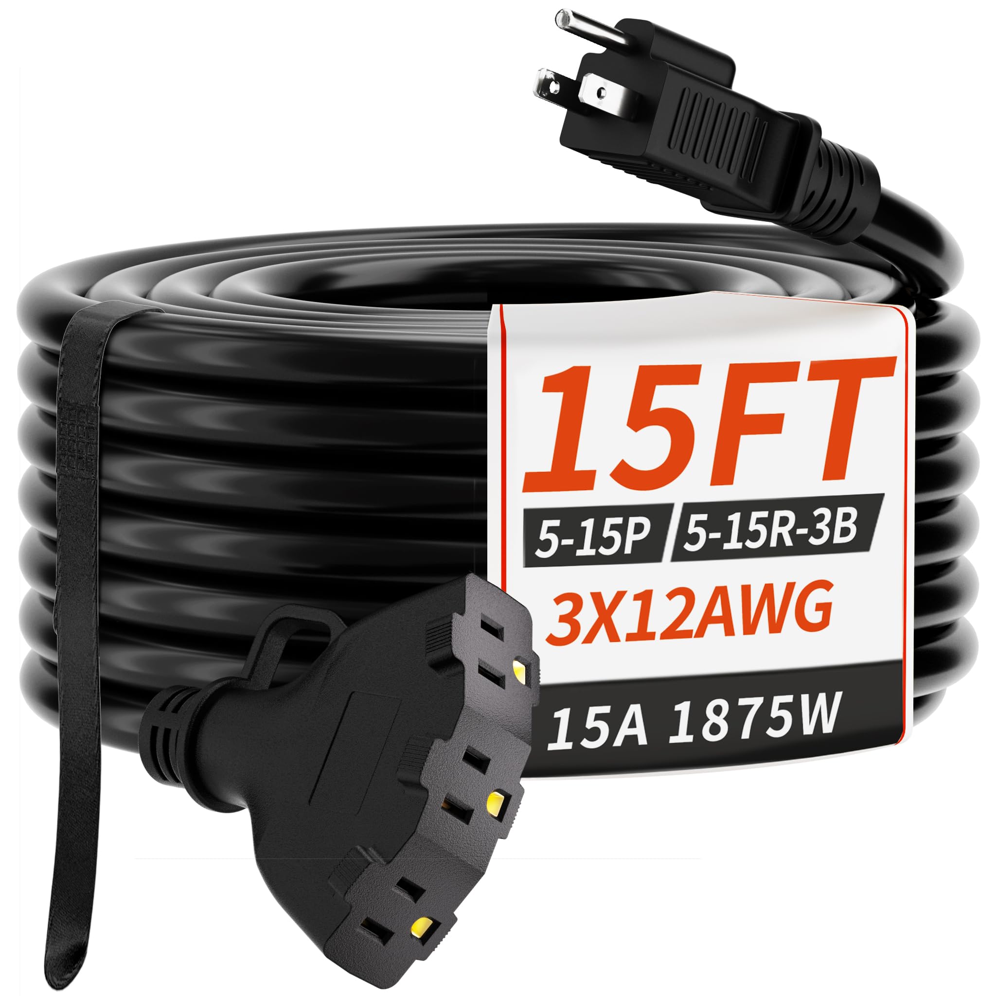 Plugsaf 15 Ft 12/3 Gauge Outdoor Extension Cord With Multiple Outlets, Flexible 3 Outlet Weatherproof Heavy Duty Extension Cord