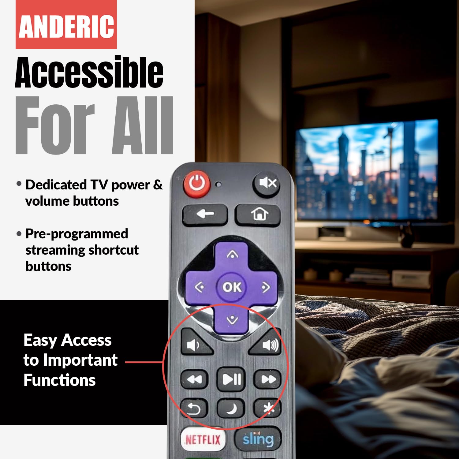 Anderic RRLF16 Remote Control for most Roku TVs such as ONN, Hisense, Philips, TCL, Hiro [RRLF16]