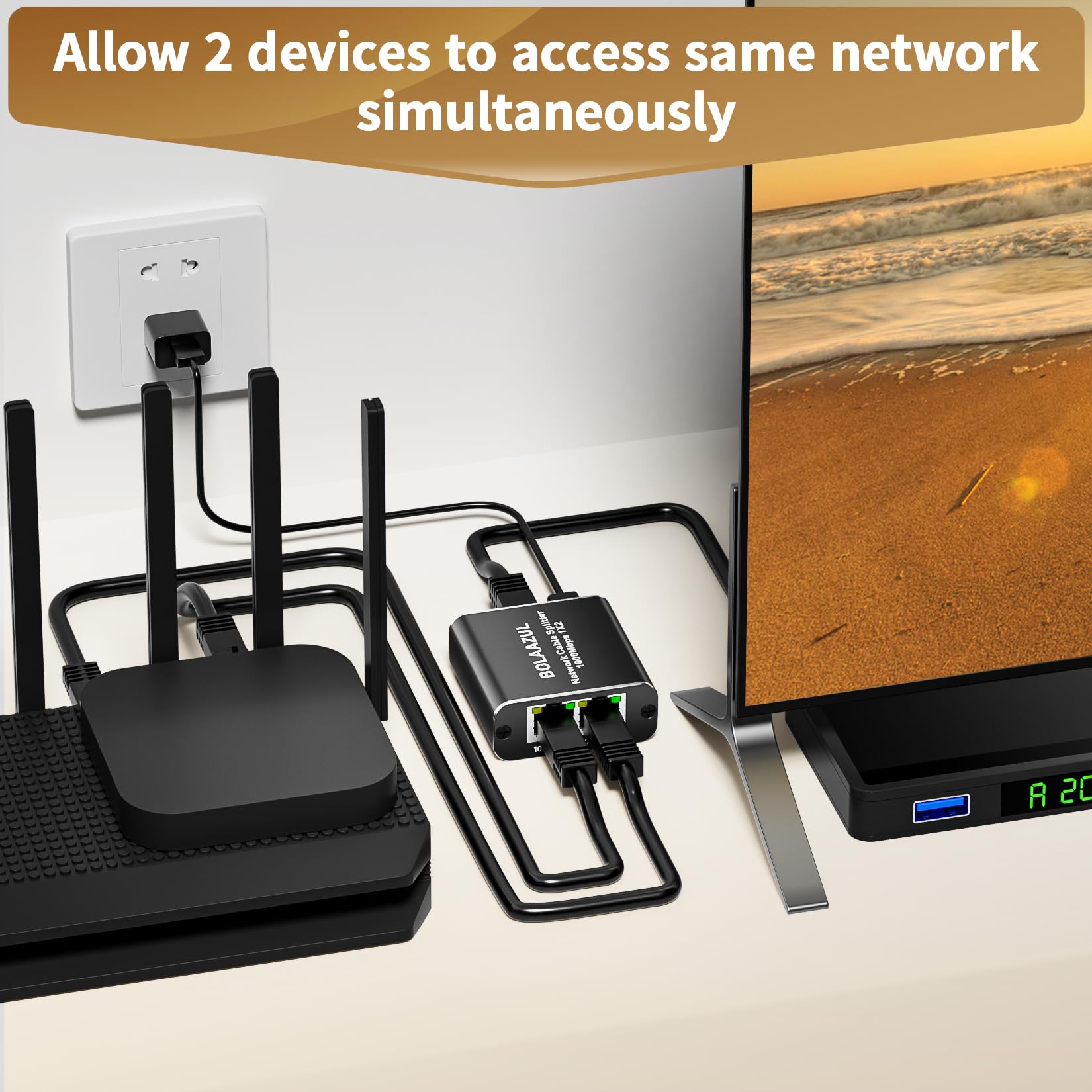 Alyydbg Ethernet Splitter 1 To 2, 1000Mbps Rj45 Splitter With Usb Power Cable, Gigabit Lan Splitter Using Cat5/5E/6/7/8 Cable Fo