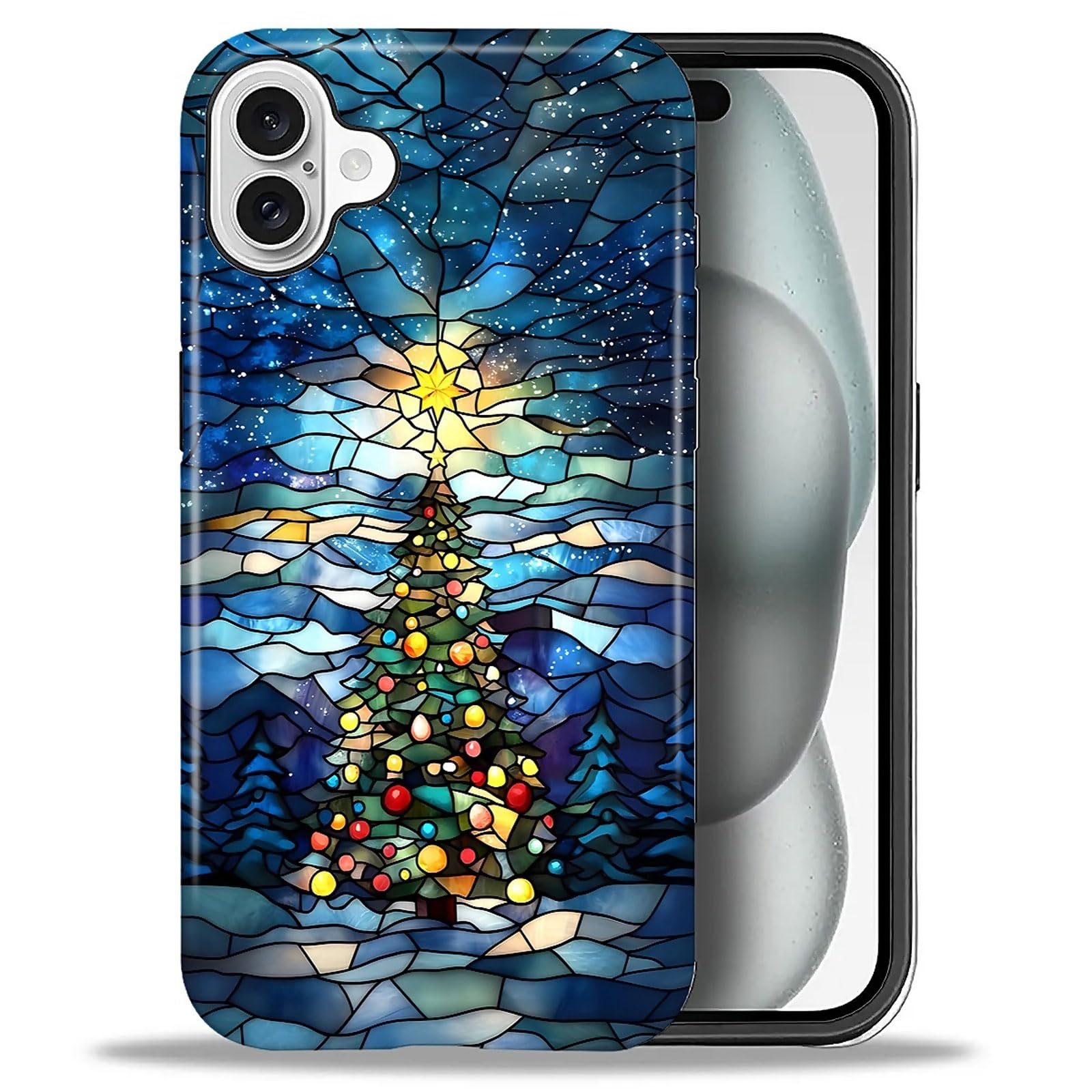 Goodsprout for iPhone 16 Case,Hybrid 2-Layer Hard Shell + Silicone Protective Case -Resistant Shockproof- Christmas Tree Starry 