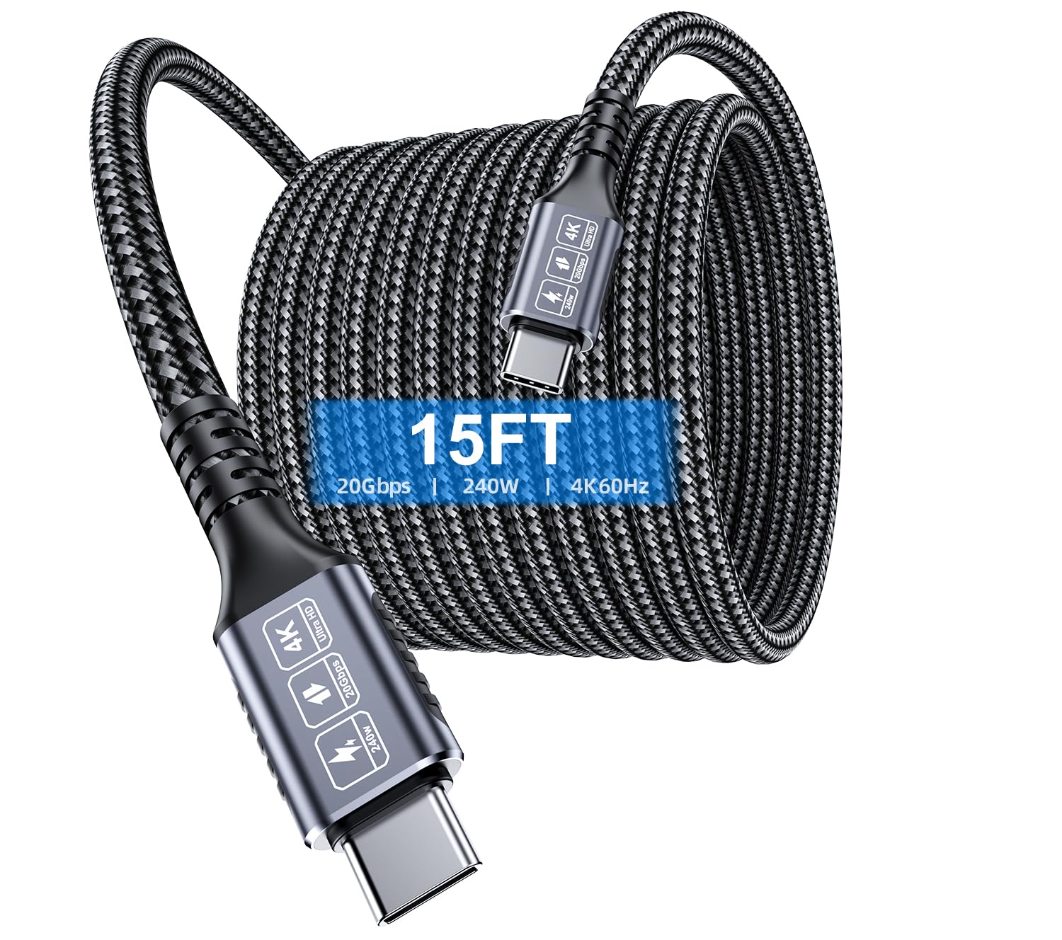 15FT USB C to USB C Cable, 240W Fast Charging, 20Gbps Data, 4K Video
