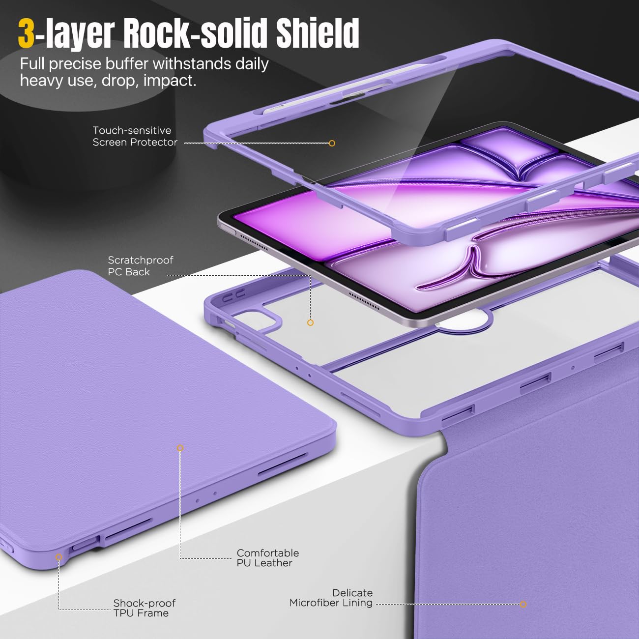 MoKo for iPad Air 13 Inch Case M2 2024 with Pencil Holder, iPad Air 13 Case, [Built in Screen Protector], iPad Air 13' Case with Clear Back & Magnetic Multi Angle Stand Cover, Purple