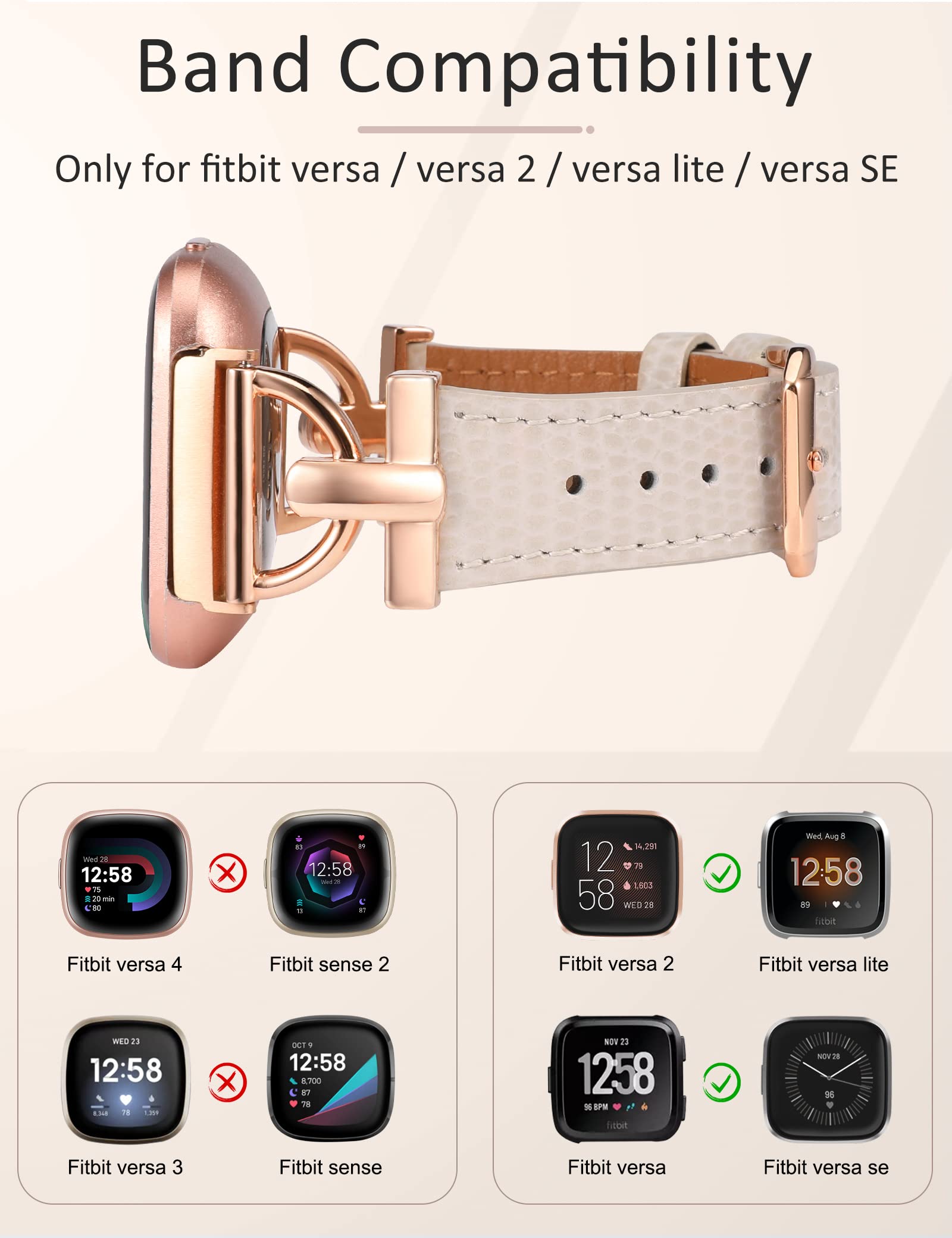 Wearlizer Leather Band Compatible With Fitbit Versa 2 Bands For Women, Dressy Slim Leather Strap Wristband With D Shape Metal Bu
