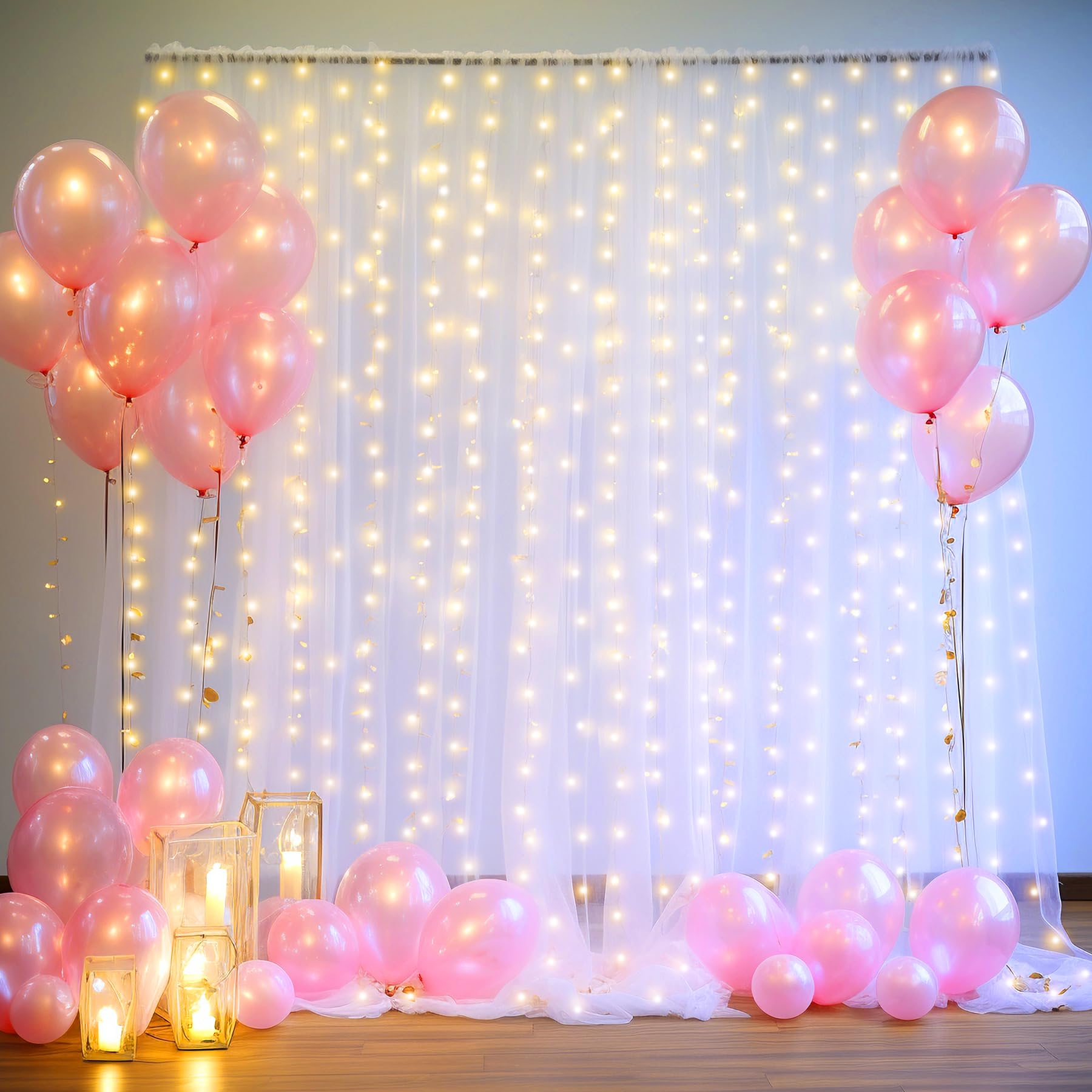 White Sheer Tulle Backdrop Curtains With Lights String For Party Wedding Wrinkle Free Curtain Backdrops Drapes For Baby Shower B