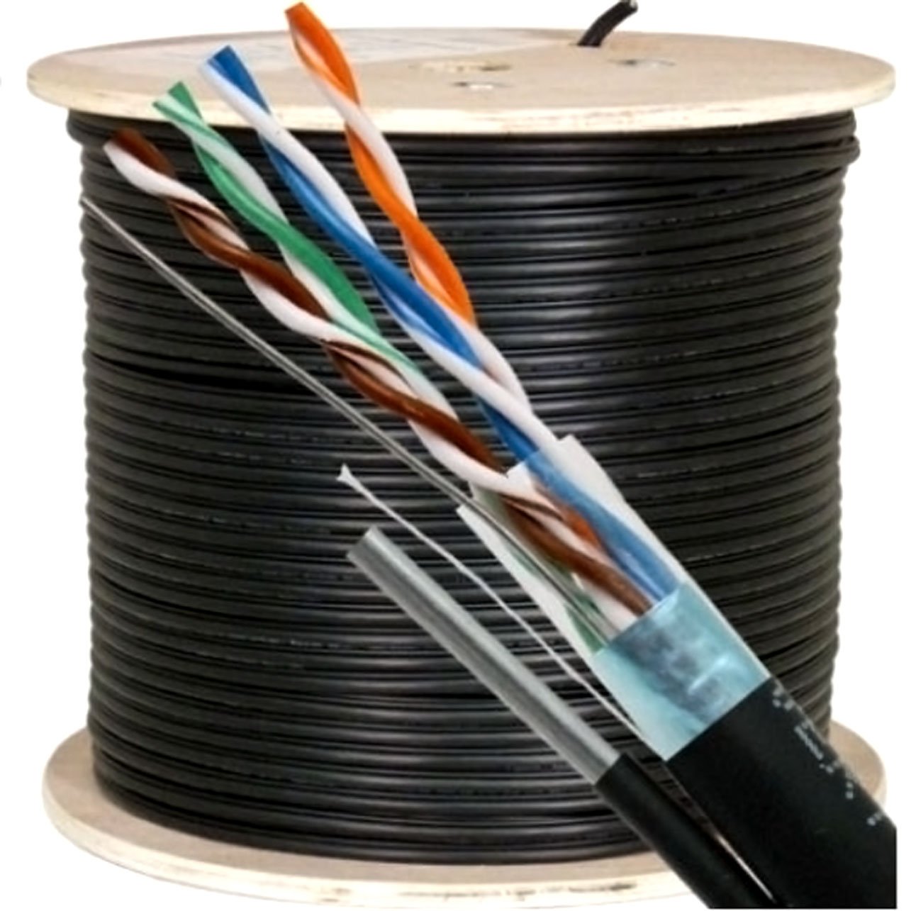 Vertical Cable Cat5e, 350 Mhz, UTP, UV Jacket, Outdoor, CMX, Messenger, 1000ft, Black, Bulk Ethernet Cable, Wooden Spool
