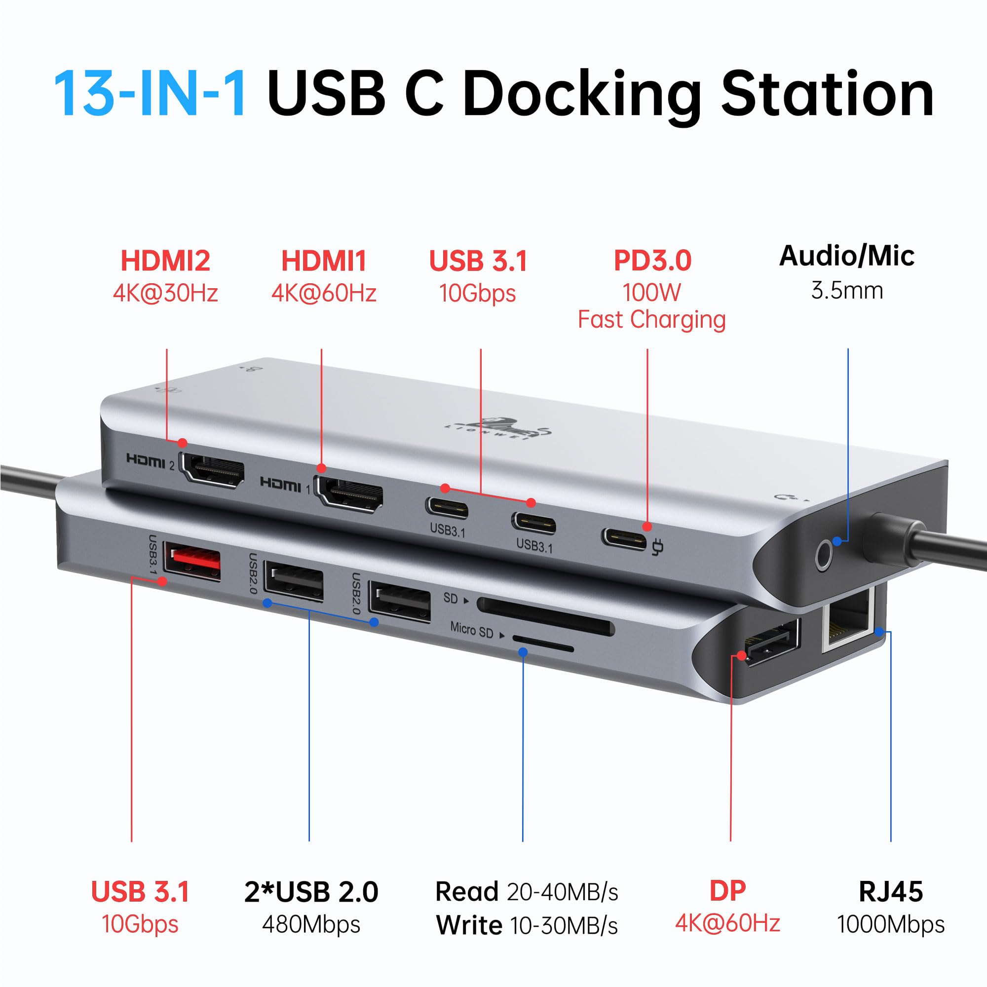 Lionwei Laptop Docking Station 13 In 1   Dual Hdmi+Displayport+10Gbps, 6 Usb C/A, 100W Pd, Ethernet, Sd/Tf, Audio, Usb C Hub For Macbook/Dell/Hp/Surface