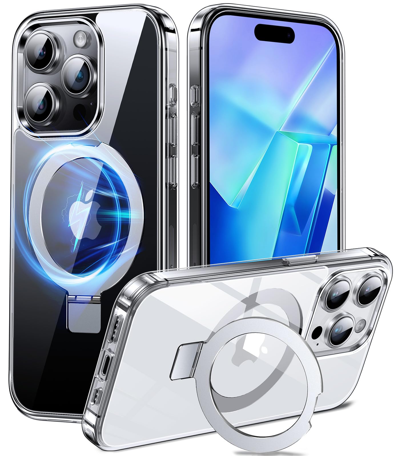 Chicfun 3-in-1 [Magnetic+Kickstand+Ring Holder] for iPhone 15 Pro Max Case Stand Ring Holder Compatible with MagSafe, Military S