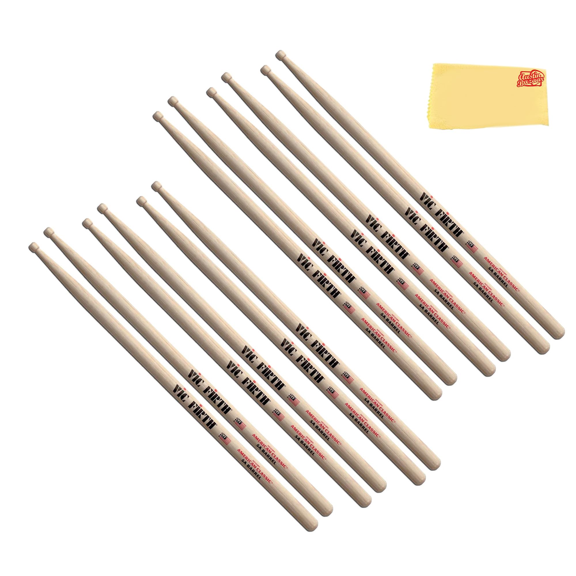 Vic Firth American Classic 5A Barrel Tip Drumsticks - 6-Pack Bundle with Austin Bazaar Polishing Cloth