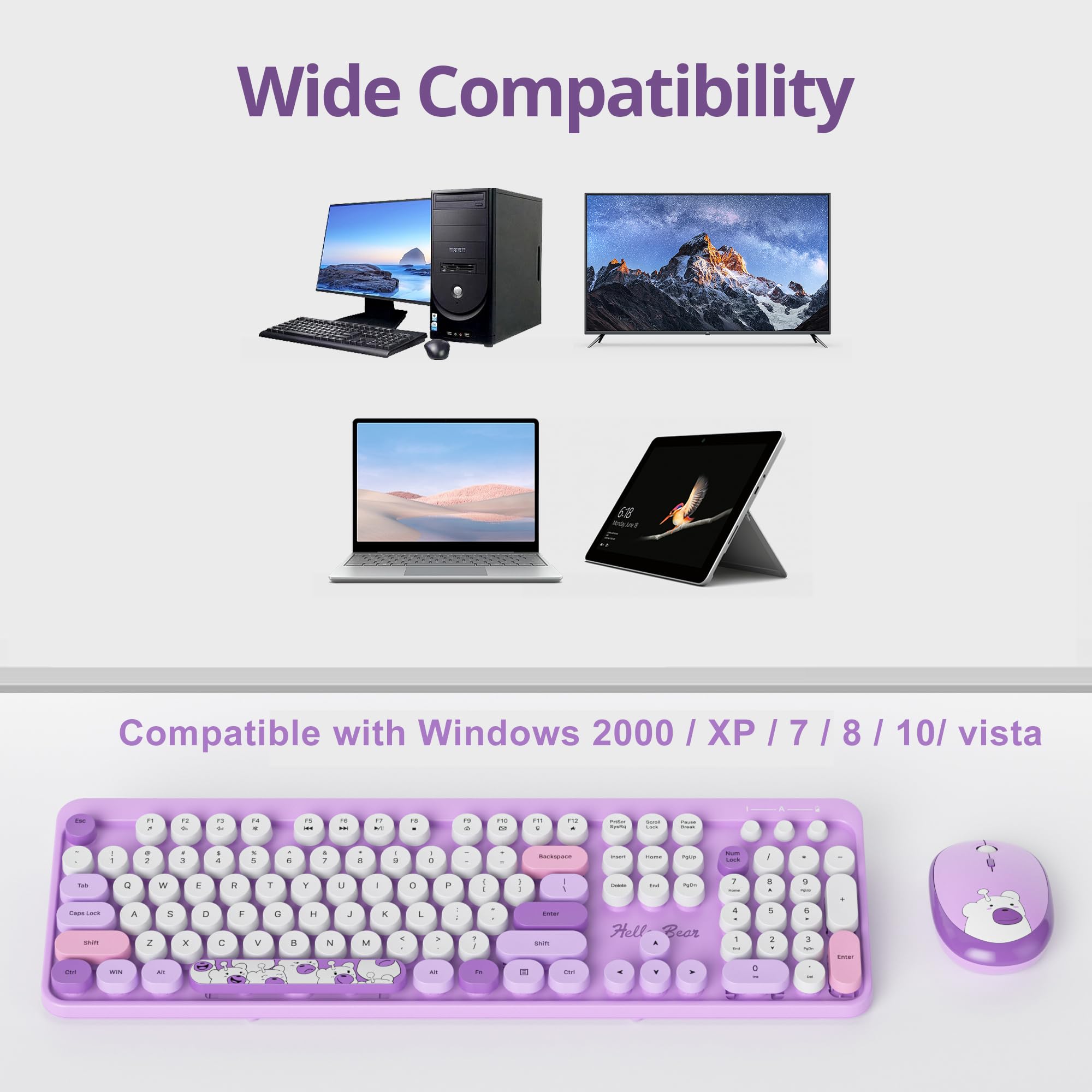 Fogruaden Wireless Keyboard And Mouse Combo 2.4Ghz Retro Typewriter Keyboard, 104 Keys Full Size Round Keycap Cute Keyboard And